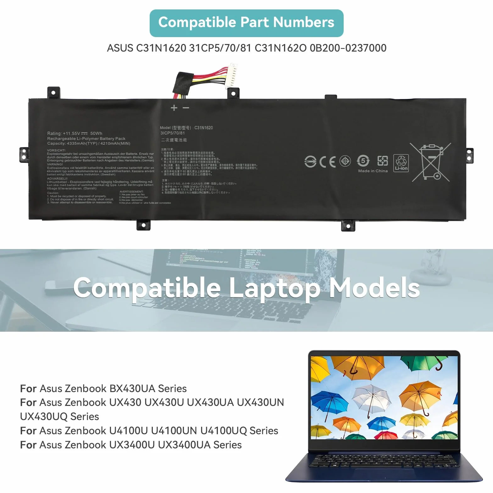 K KYUER 50Wh C31N1620 Batteria per Asus Zenbook UX430 UX430U UX430UA UX430UAR UX430UN UX430UNR UX430UQ U4100 U4100U U4100UN U4100UQ UX3400 UX3400U UX3400UA UX3400UN UX3400UQ BX430 BX430UA UX3430UQ
