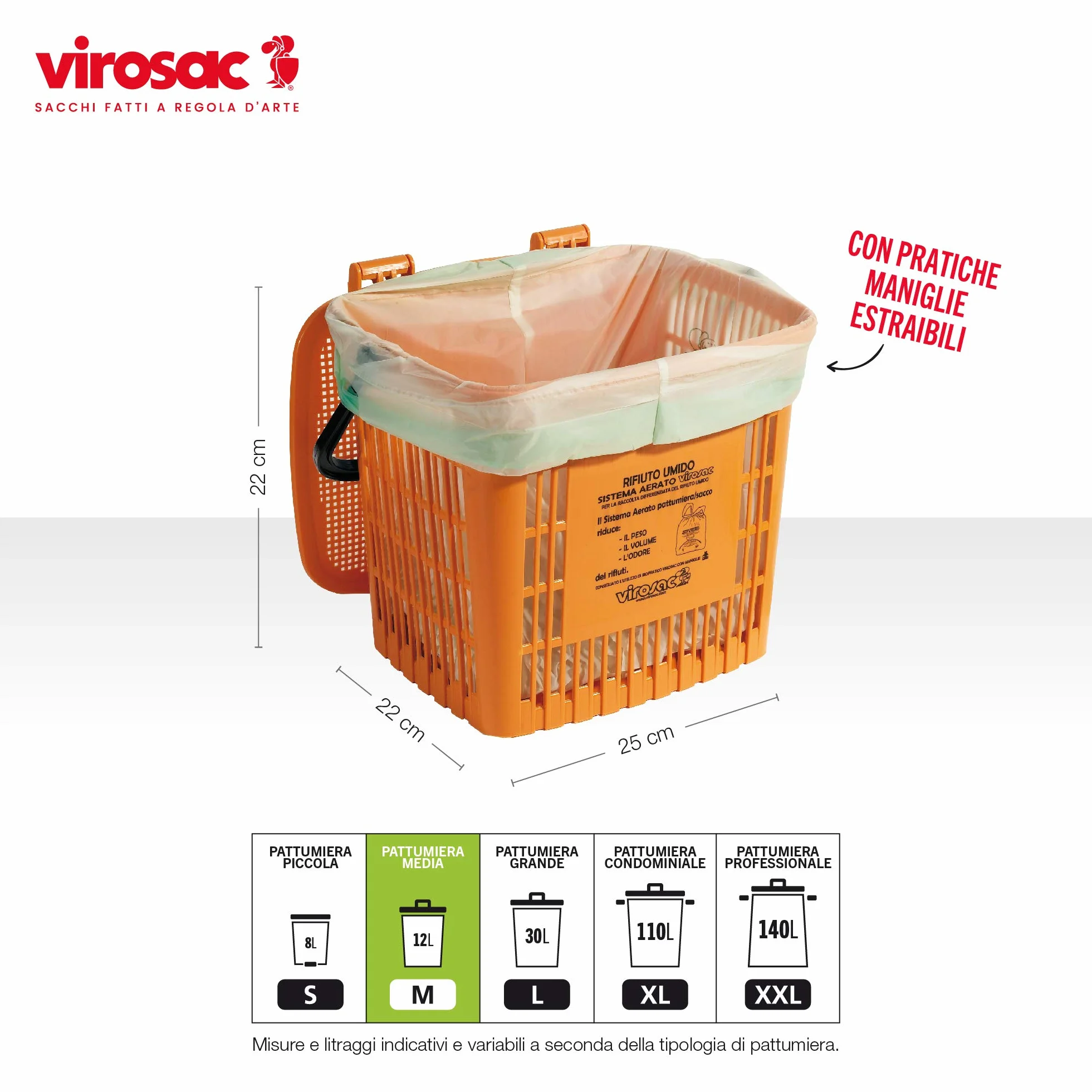 Virosac Biopratico Sacchetti per rifiuti biodegradabili 42x45 con maniglie estraibili 10 pezzi per rotolo kit 3 rotoli