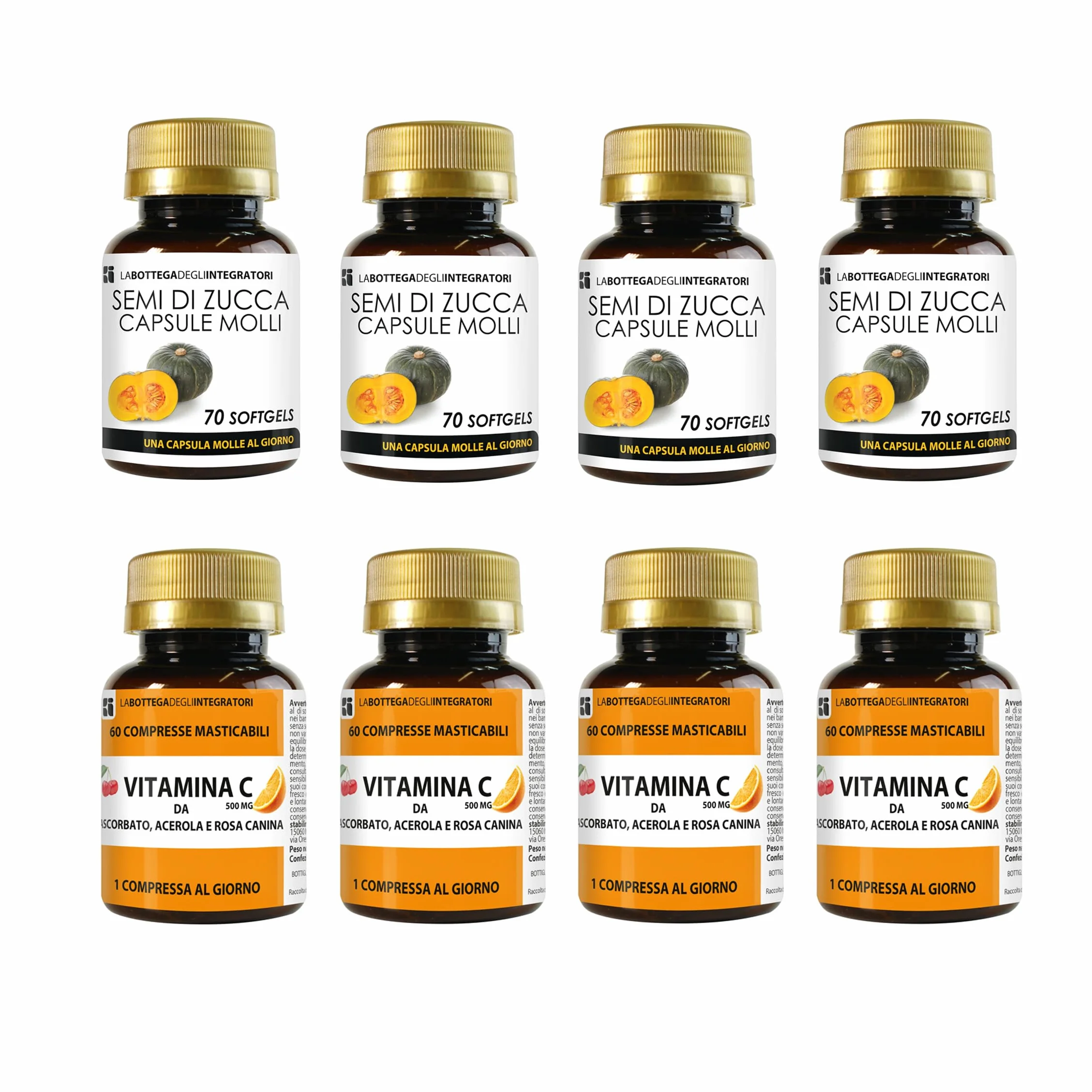 Semi di Zucca 280 Softgels Olio Spremuto Omega 3 6 9 Vitamina C Ascorbato Acerola Rosa Canina 240 Compresse Masticabili