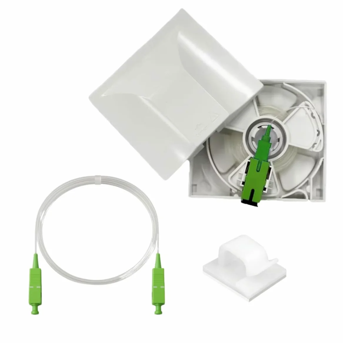 Kit Essenziale - Prolunga in fibra ottica arancione SFR Bouygues – 20 m – Cavo trasparente su avvolgitore + giarrettiera invisibile 3 m SC-APC/SC-APC + 20 clip adesive – spostamento / deportazione di