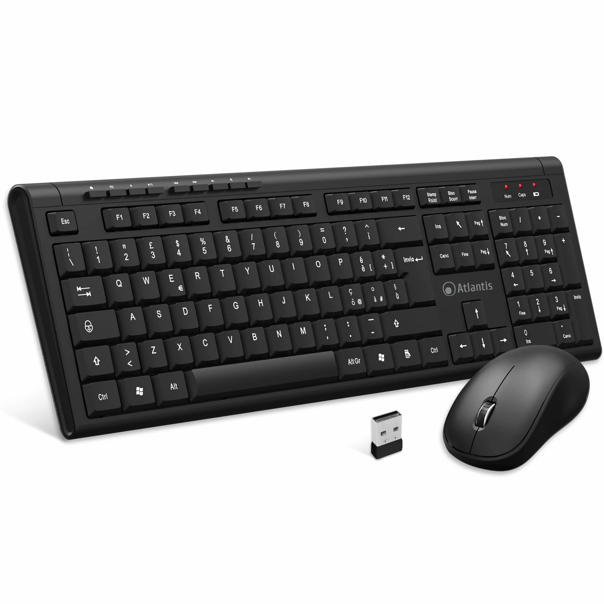 Atlantis Combo Kit Tastiera e Mouse Wireless senza fili, Multimediale, Layout Italiano QWERTY, 9 Tasti di scelta rapida, per PC/Laptop/Notebook, ricevitore USB unico, cod. P013-AX280G+M, Nero.