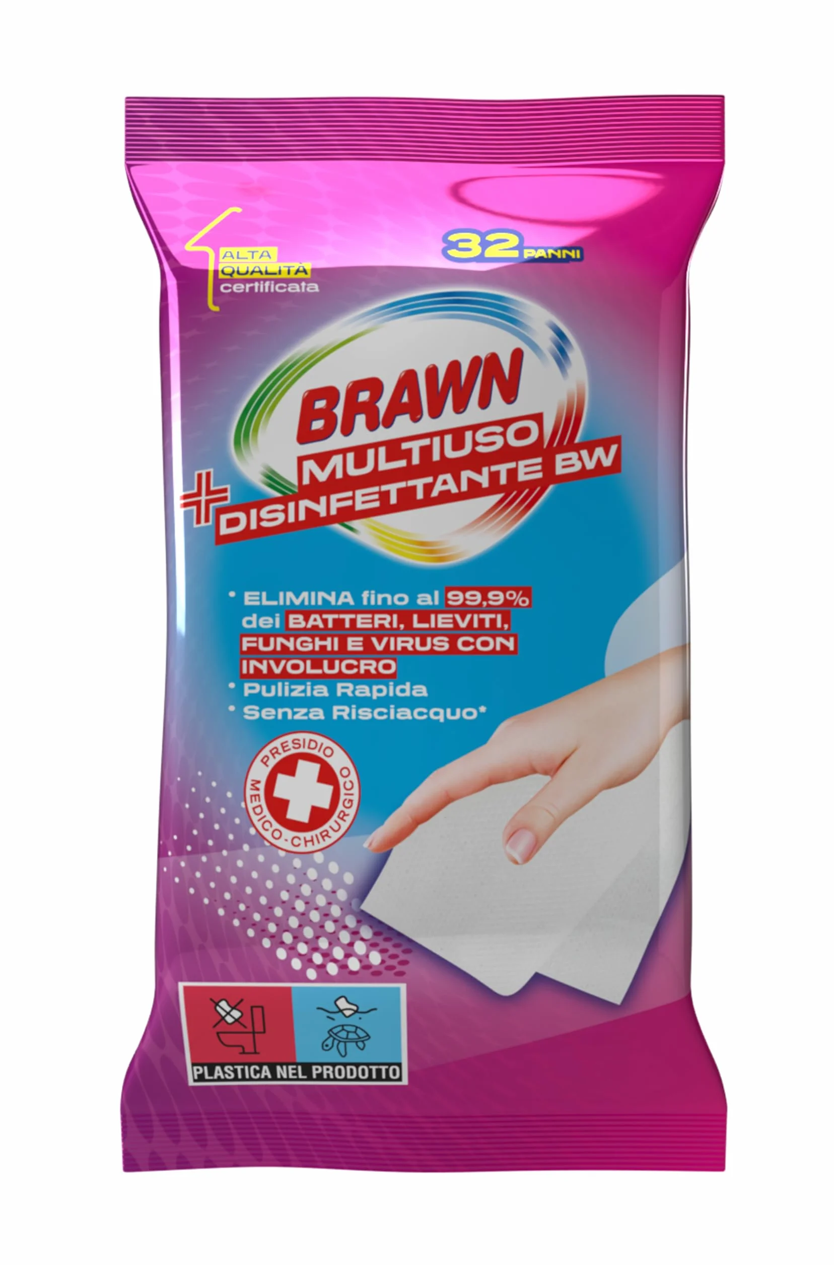 Brawn Salviette Disinfettanti Multiuso 32 pz, Elimina 99,9% Batteri Funghi Virus, Presidio Medico Chirurgico