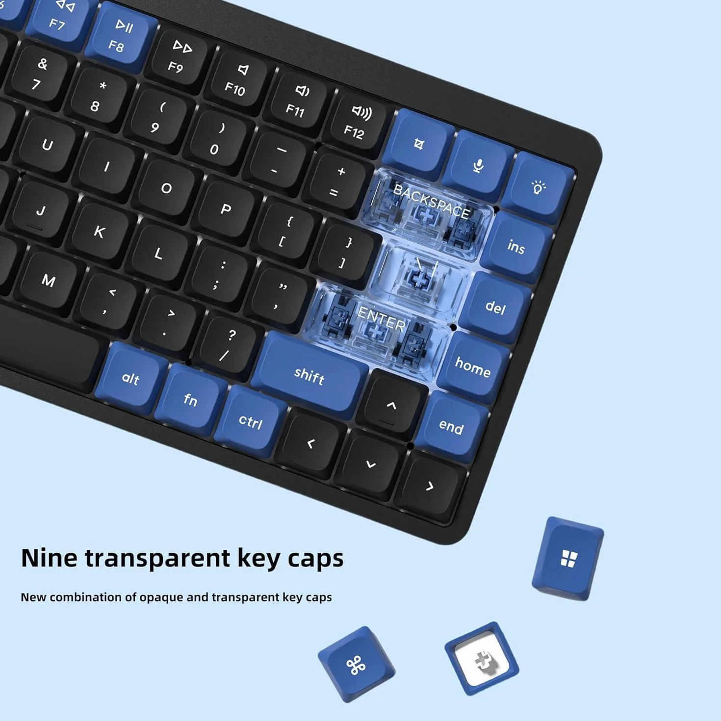 Keycaps Low Profile, Double Shot PBT 60 75 100%, PC materiale trasparente per tastiera, blu scuro/blu per la maggior parte degli switch MX Tastiera meccanica (solo tastierini)