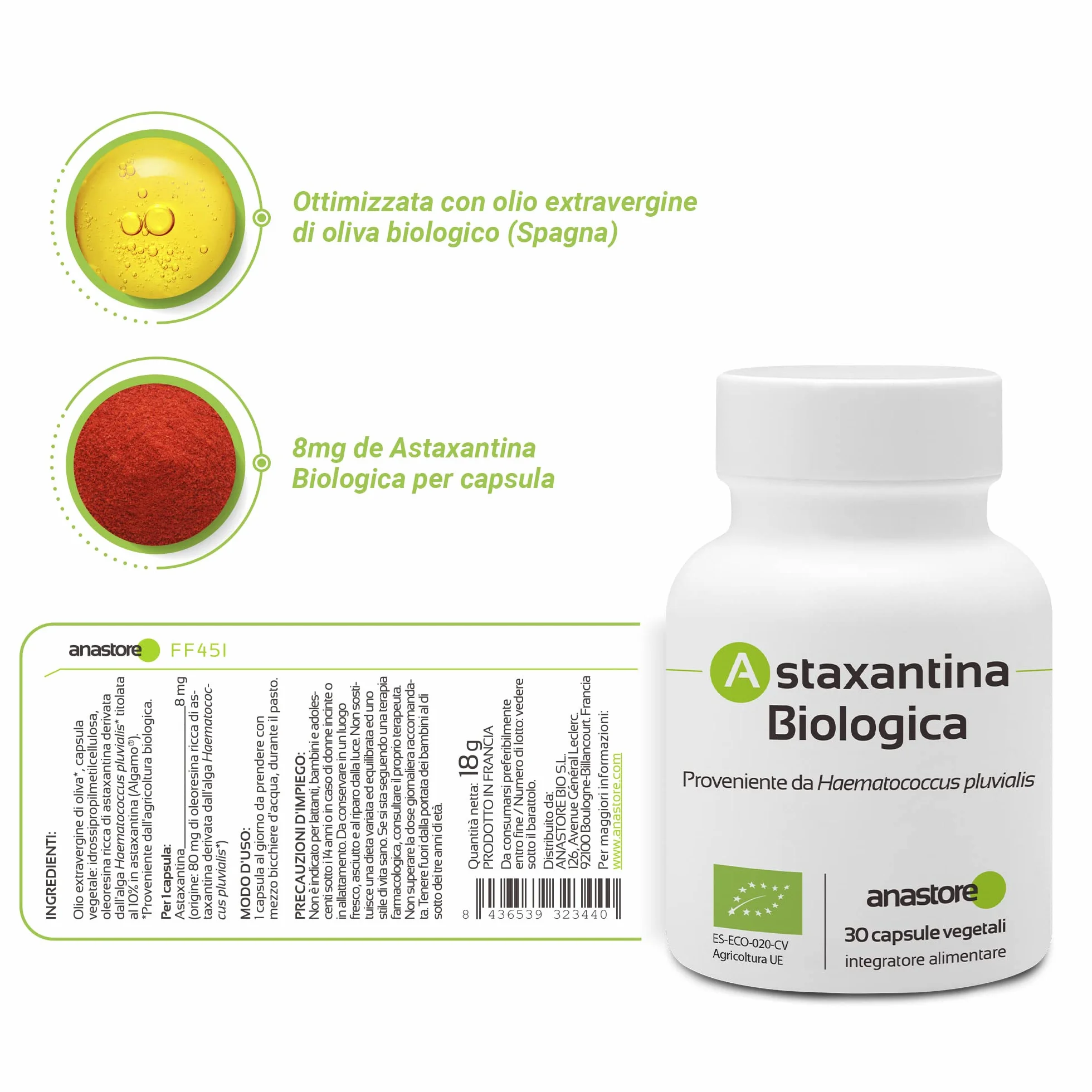 Astaxantina biologica 30 capsule vegetali 8 mg Antiossidante naturale occhi pelle
