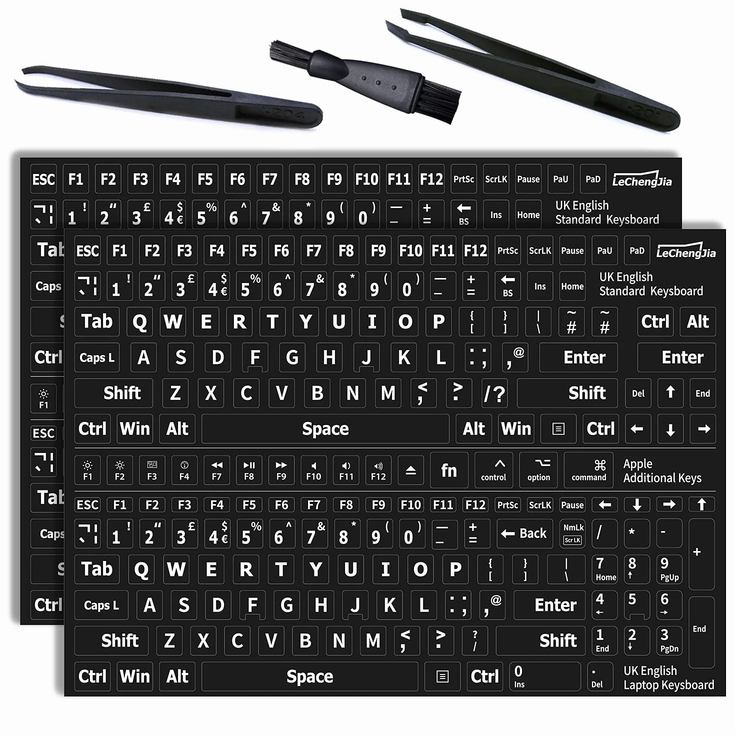 2 adesivi di ricambio universali per tastiera, colore nero, adatti per qualsiasi tastiera standard, con due pinzette e spazzola per la pulizia (nero-UK-opaco)