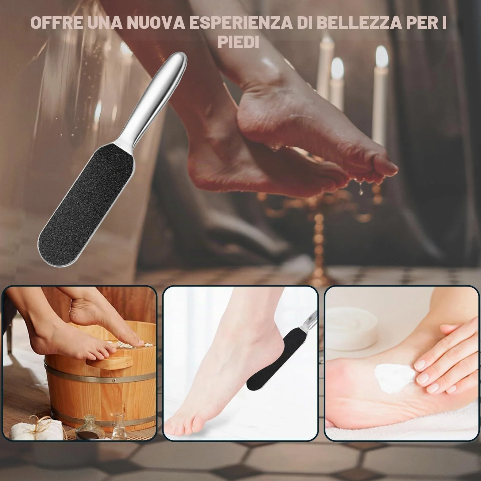 Raspa Piedi Acciaio Inox con 20pcs Carta Abrasiva, Lima per Piedi e Talloni, Calli Remover Pedicure