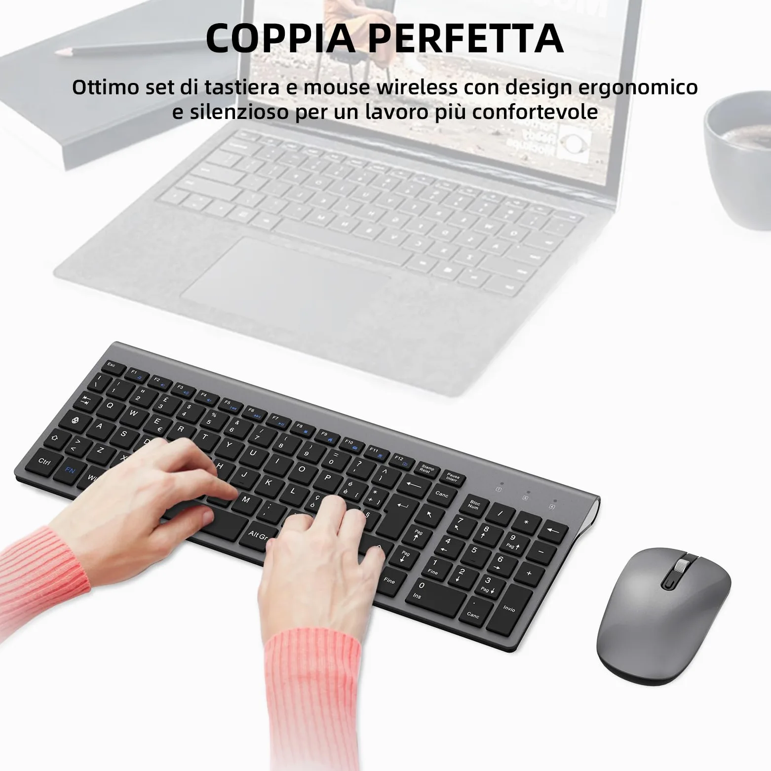 cimetech Tastiera e Mouse Wireless, Layout Italiano QWERTY, Ultra-Sottile Ergonomico Full-Size 2.4Ghz Wireless Mouse Tastiera Numerico con Ricevitore Nano per PC/Laptop/Win7/8/10（grigio）