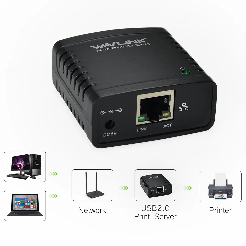 WAVLINK Server di stampa 10/100Mbps Ethernet a USB 2.0 Network LPR Print Server per Windows