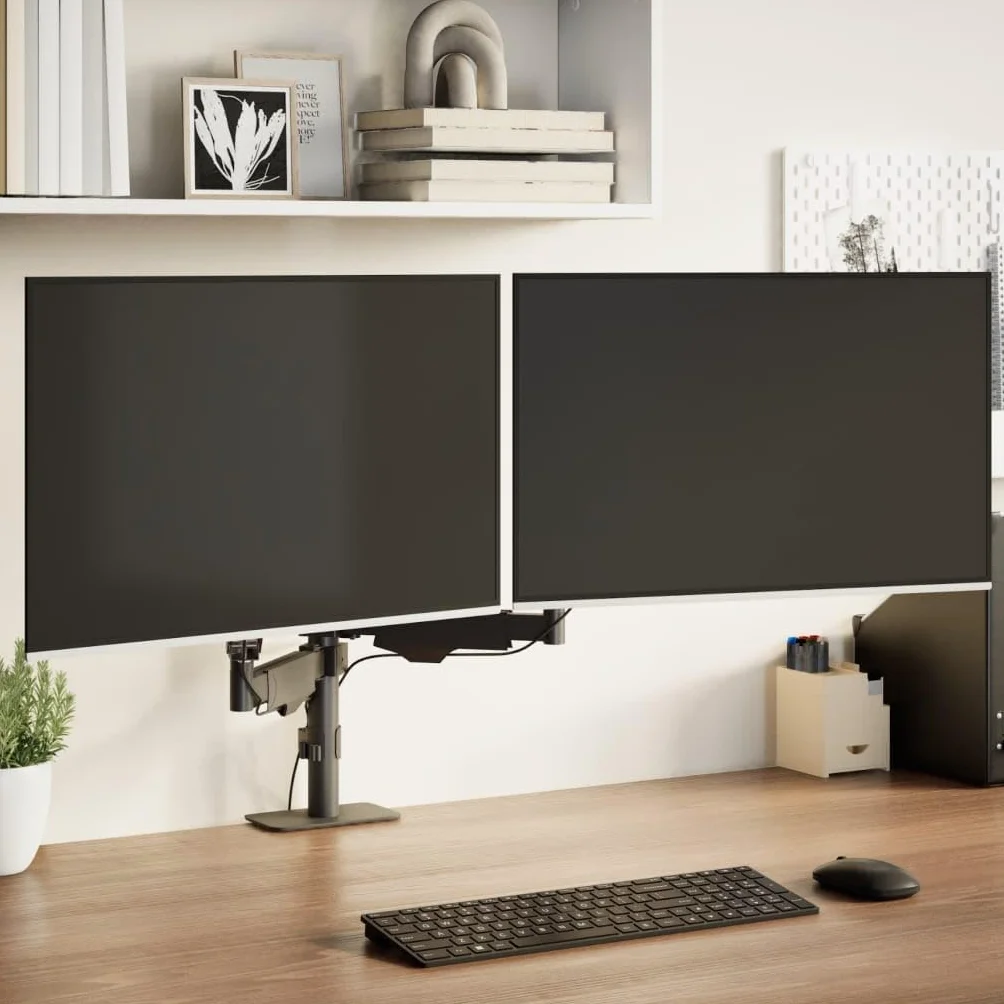 Doppio braccio monitor per max 27 pollici, molla a gas, VESA 75x75/100x100, portata 20 kg, inclinabile, orientabile, regolabile in altezza, morsetto a C o passacavi, gestione cavi