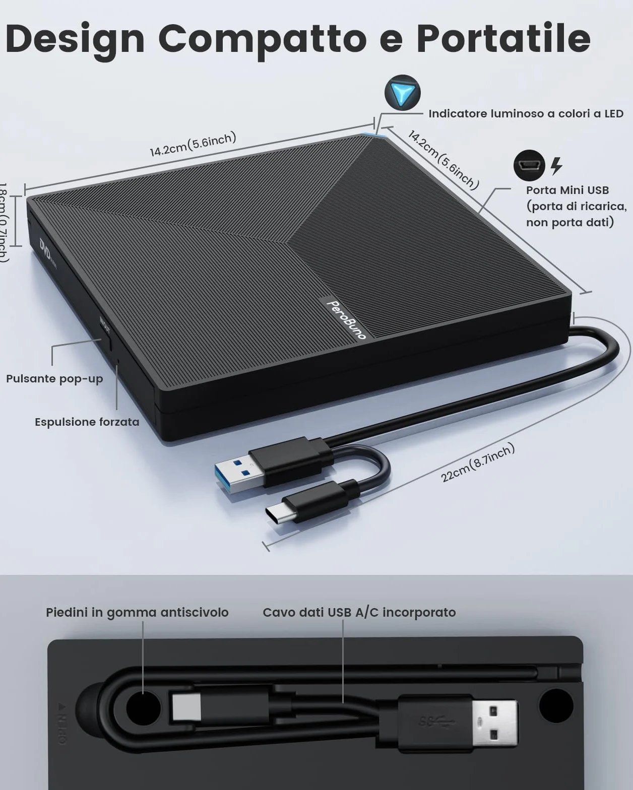 PeroBuno Unità CD DVD Esterne, USB 3.0 e Tipo C Masterizzatore CD Esterno, Plug & Play CD/DVD -/+RW Lettore CD DVD Esterno per PC Laptop Desktop iMac MacBook Pro/Air Windows 11/10/8/7/XP Linux Mac OS