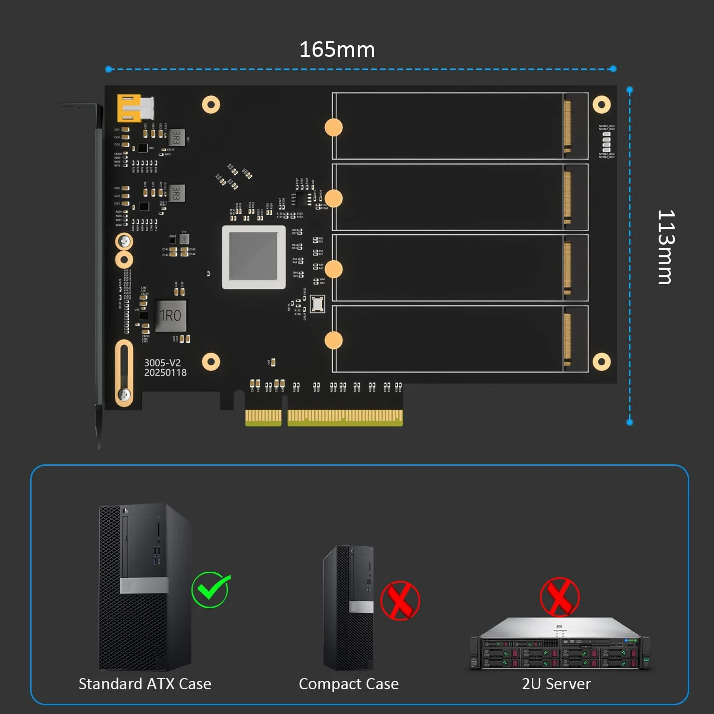GLOTRENDS PA44 Adattatore Quad M.2 NVMe a PCIe 4.0 X8 con biforcazione PCIe, configurazione RAID M.2 NVMe tramite strumento OS (supporta solo formato 2280)