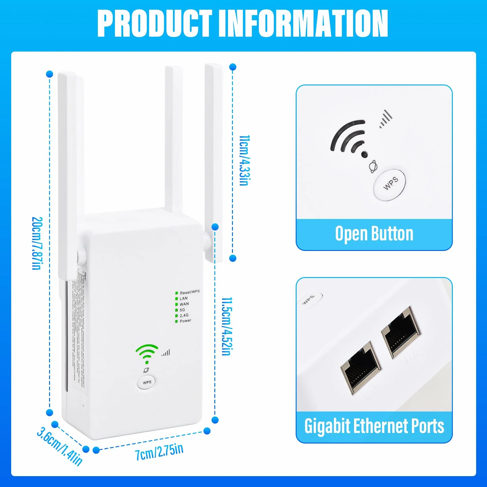 Ripetitore WiFi Potente Per Casa, 1200Mbps WiFi Extender Dual Band 5GHz & 2,4GHz con 4 Antenne, Porta Ethernet, WPS, Amplificatore Wifi Supporta Modalità Ripetitore/Router/AP (Bianco)