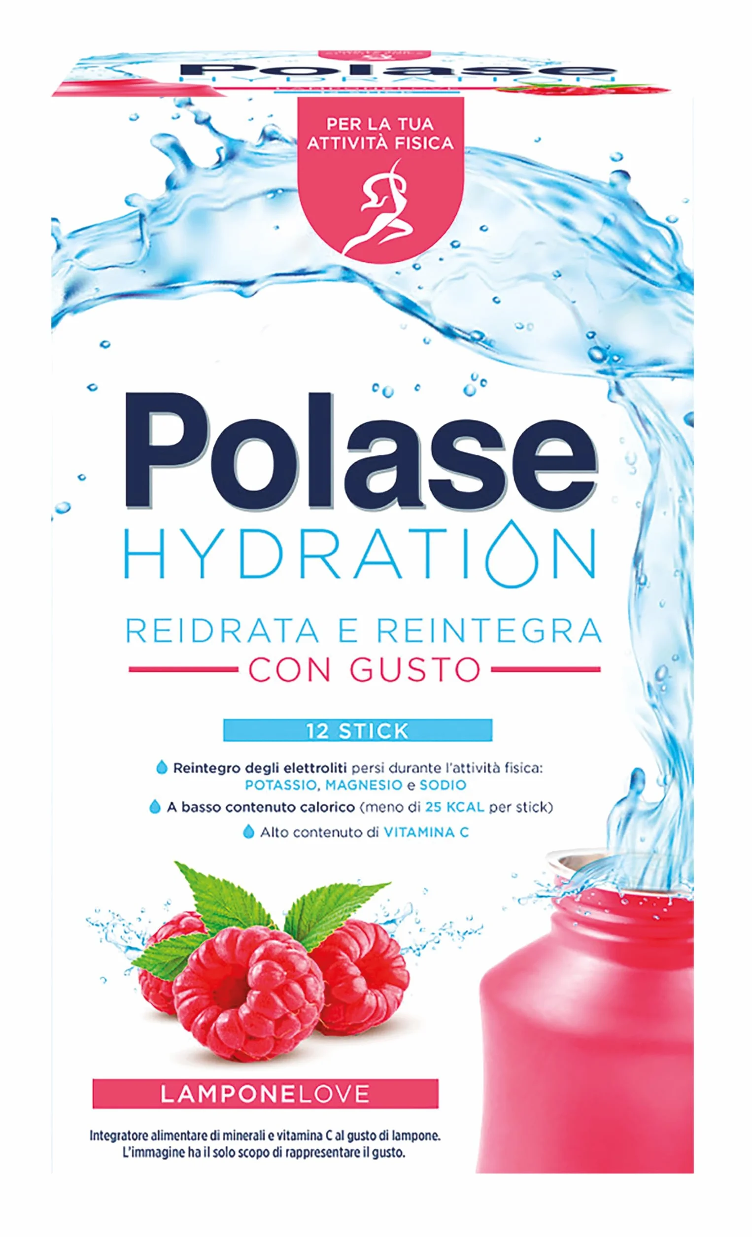 Polase Hydration, Integratore Alimentare Sali Minerali con Magnesio e Potassio e Vitamina C, Gusto Lampone, 12 sticks
