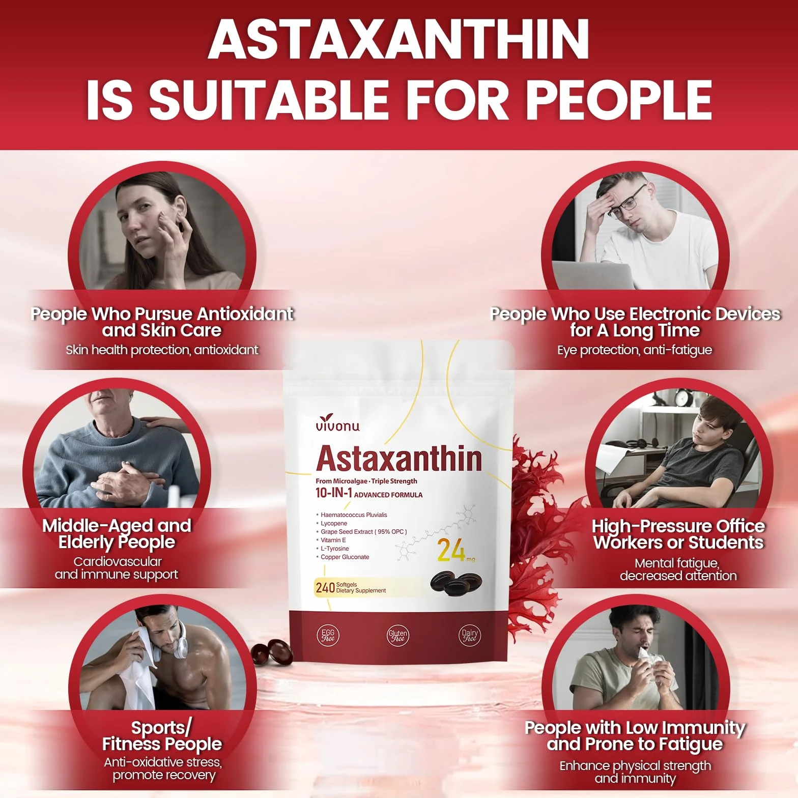 VivoNu Astaxantina 24 mg 240 Capsule Integratore Antiossidante Antiossidante Senza Additivi