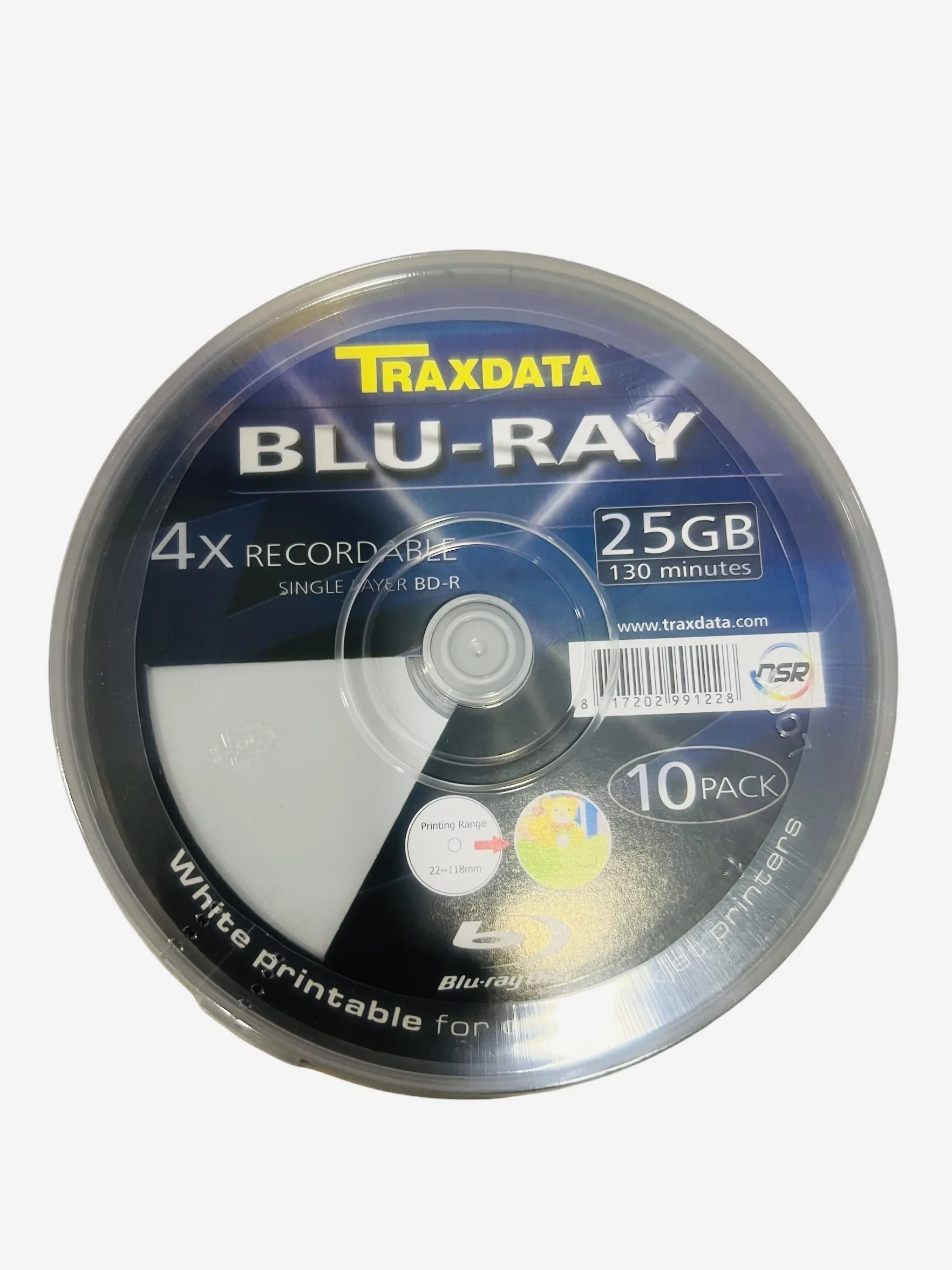 10 x Traxdata Full Face White Inkjet stampabile a getto d'inchiostro Blu-Ray Discs. BDR 25GB 4X 130 MINUTES