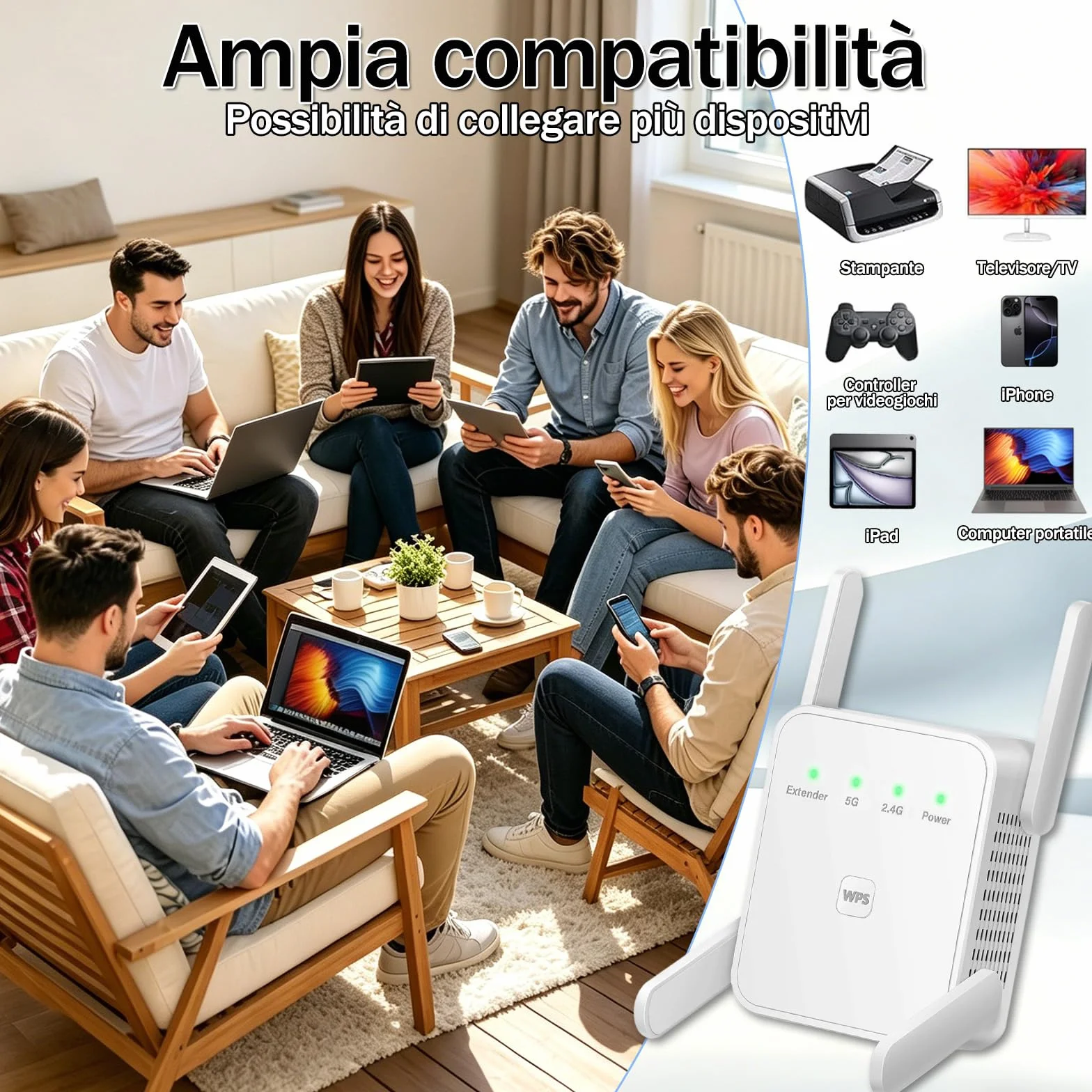 Amplificatore Wi-Fi, 1200Mbps WiFi Extender Dual Band 2.4GHz/5GHz con 4 Antenne ad Alto Guadagno, Ripetitore WiFi Potente per Casa,Porta LAN, WPS, Access Point, Supporta 2 Modalità