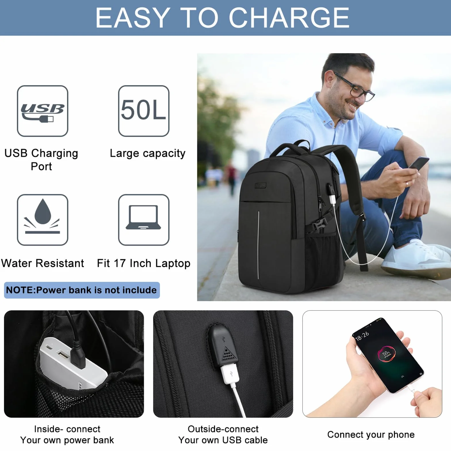 WENIG Zaino Uomo per PC Portatile 17.3 Pollici, Lavoro Uomo Impermeabile Antifurto, per Laptop, Computer Notebook Borse con Caricatore USB per Viaggio Ufficio Scuola-Nero