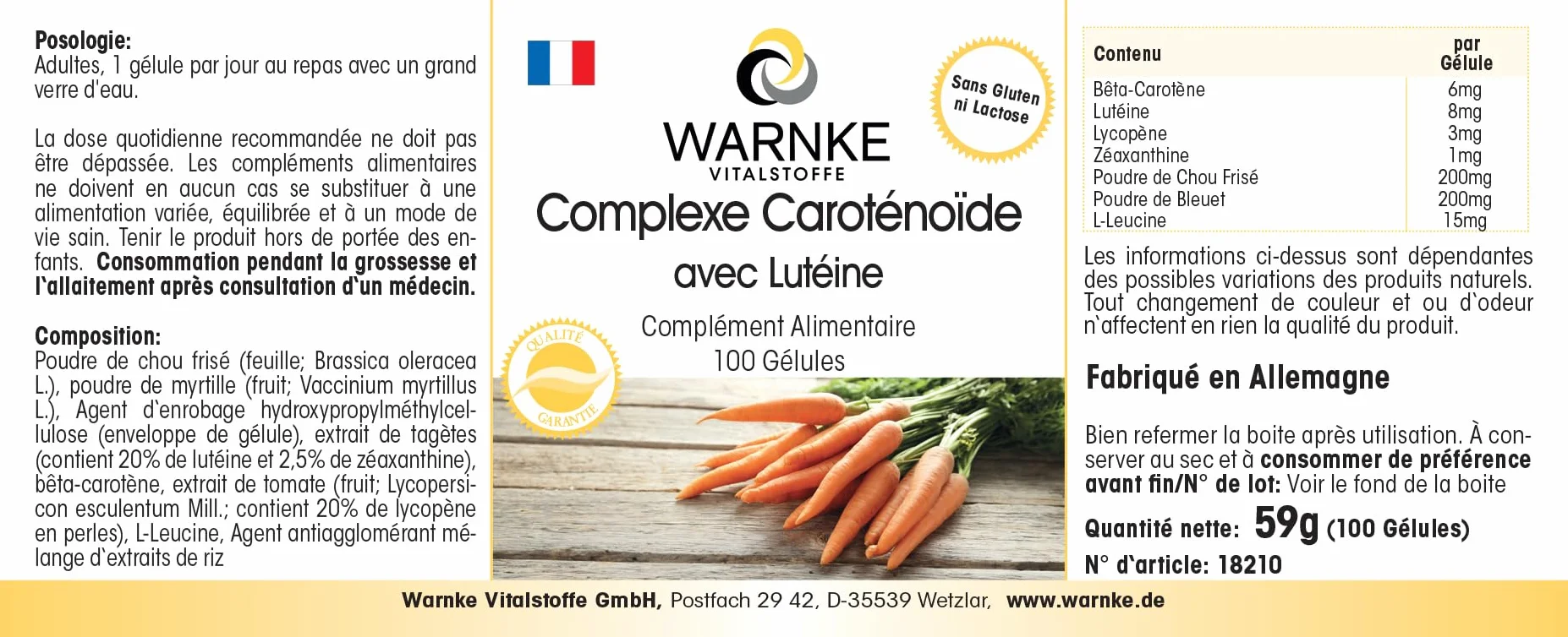 Warnke Vitalstoffe Carotenoidi e licopene Plus Beta-carotene luteina zeaxantina 100 capsule