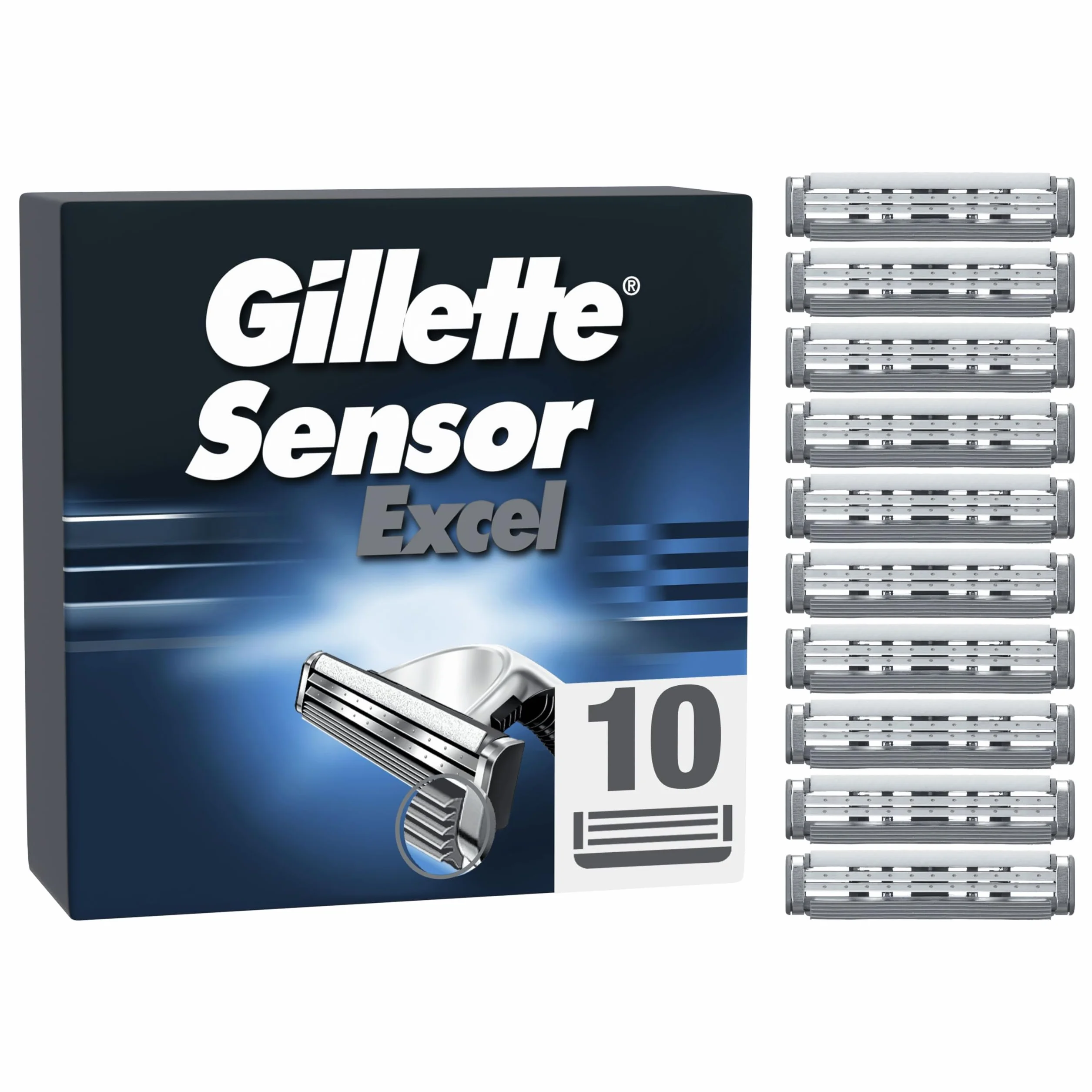 Gillette Sensor Excel Lamette da Barba Ricambio, Confezione da 10, Rivestimento Cromo