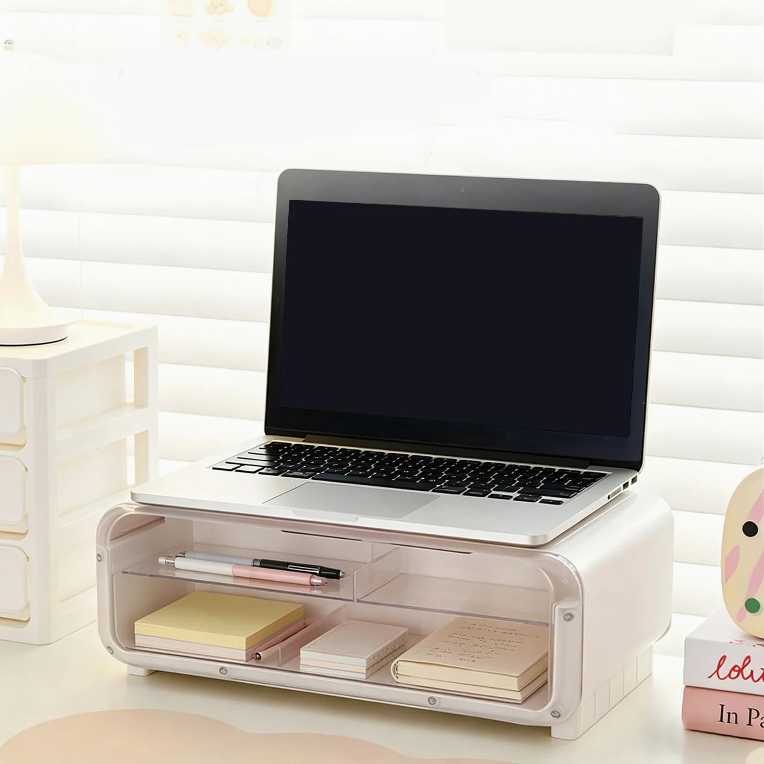 Supporto per monitor con ripiano e cassetto per organizzazione scrivania e archiviazione da collezione, 45 x 21 x 15 cm