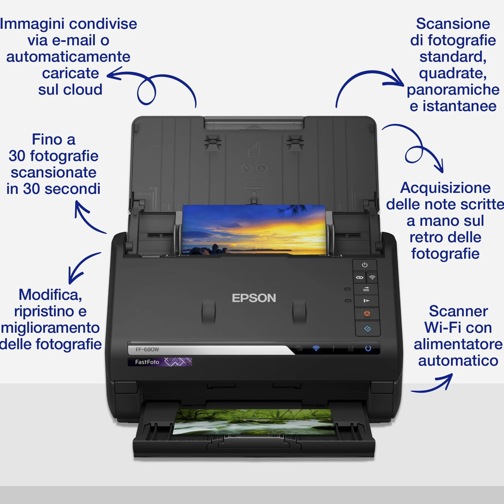 Epson Fastfoto FF-680W Scanner Rapido con Alimentatore Automatico, 600 Dpi, 45 Ppm, Wi-Fi, OCR