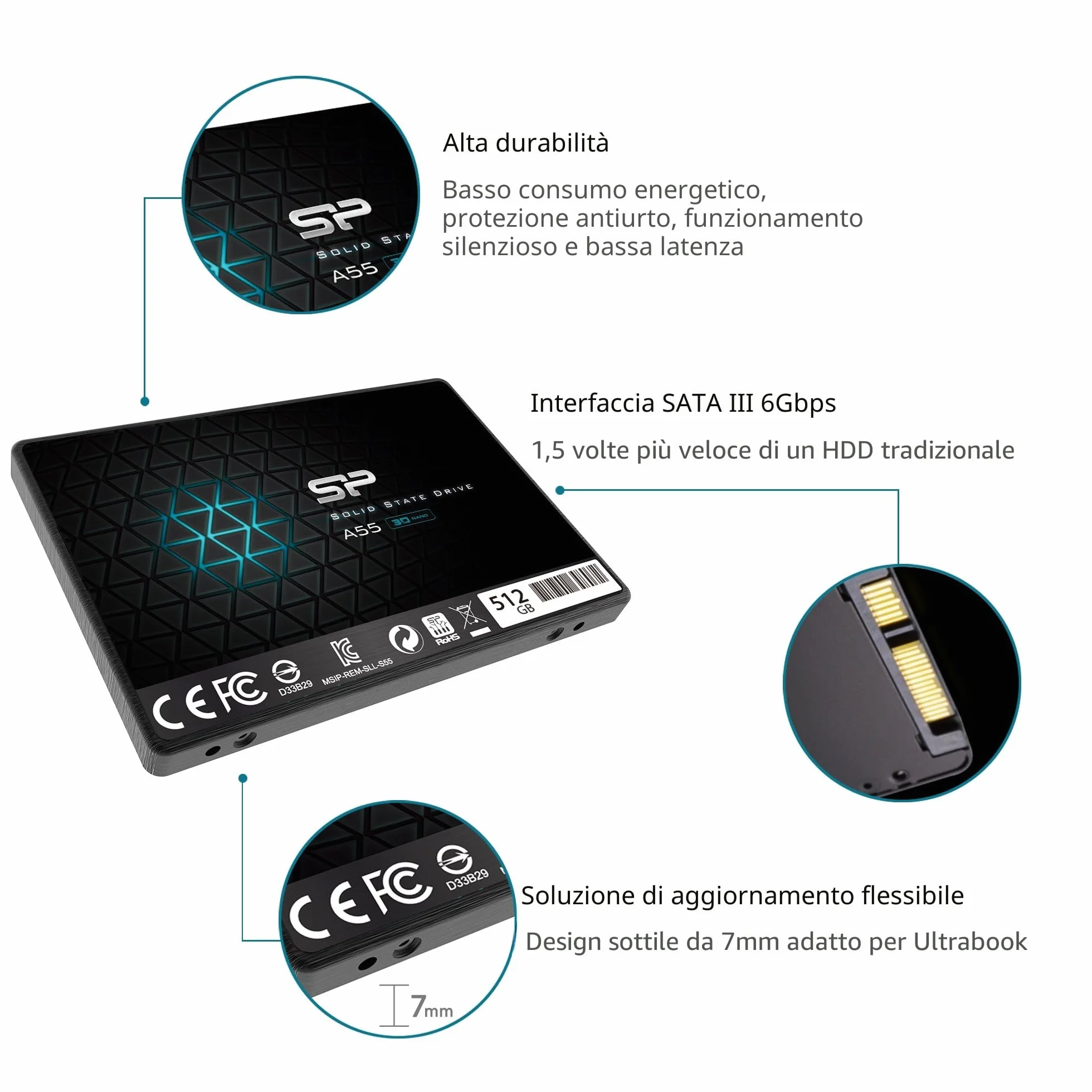 Silicon Power SSD 512GB 3D NAND A55 SLC Cache 2.5" SATA III 7mm SSD interno