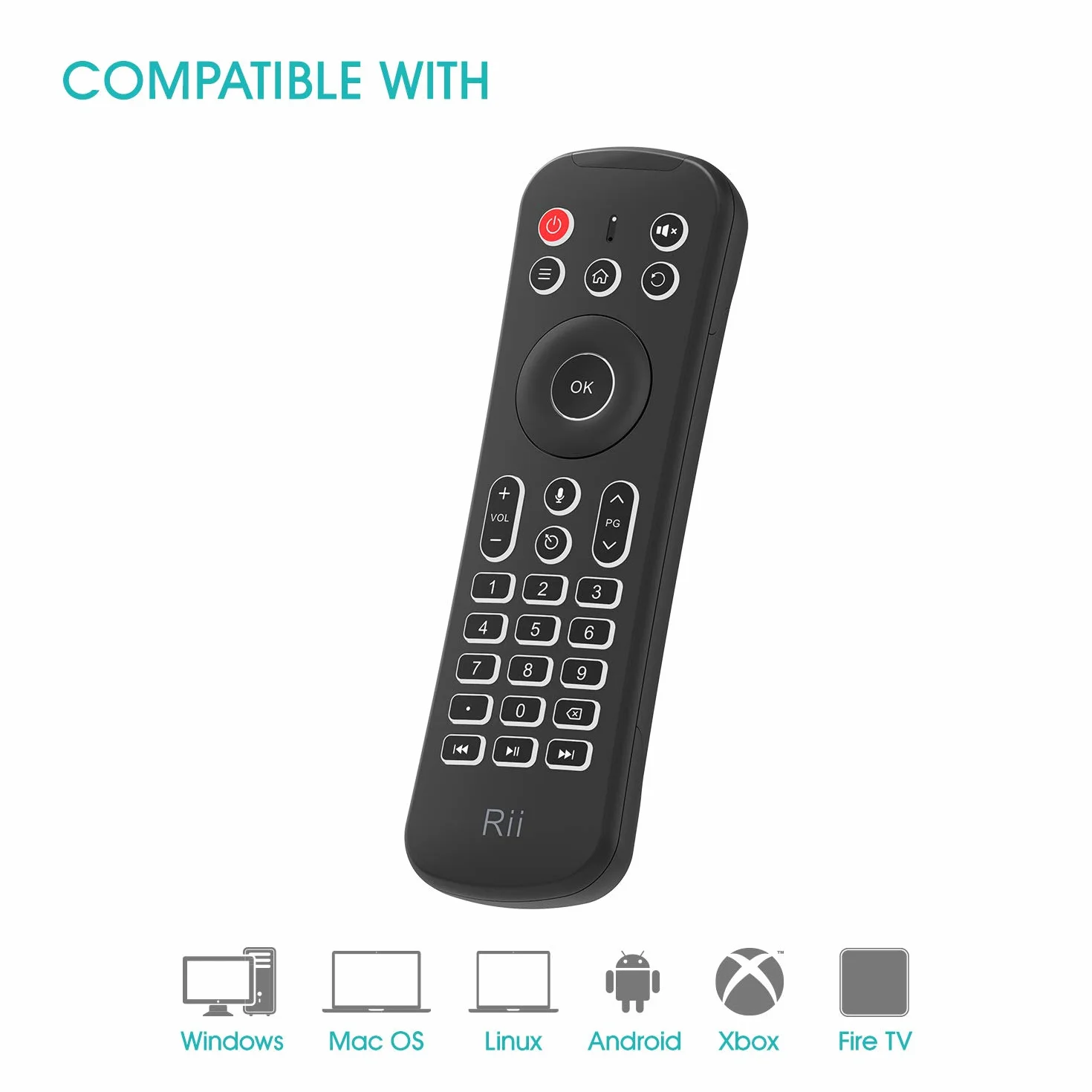 Rii Mini MX6+ (Wireless + IR) - Telecomando con Mouse giroscopico, Tastiera retroilluminata e Microfono integrati per Smart TV Android, TV Box, PC Windows e Mac