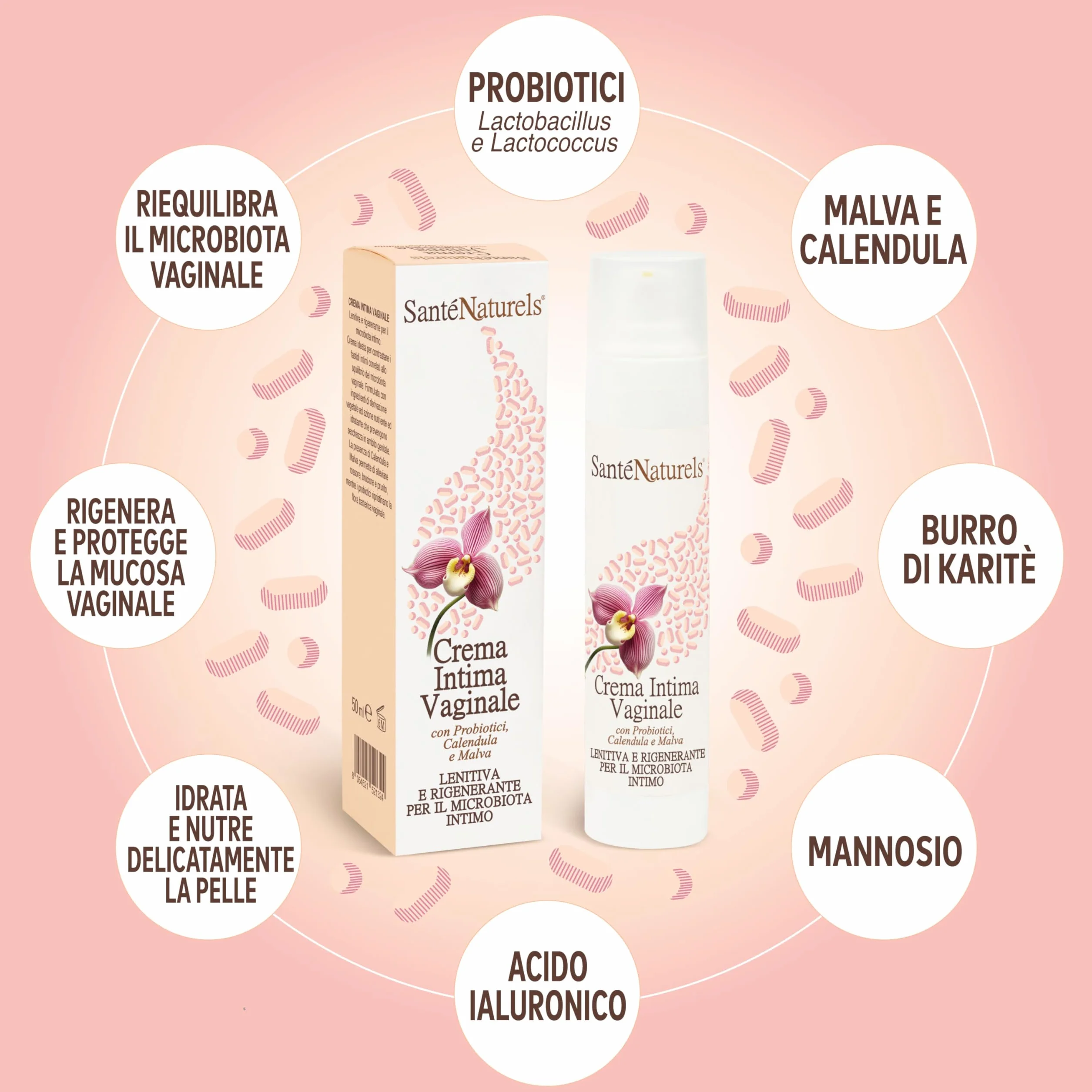 Crema Intima Vaginale 50 ml con Probiotici, Acido Ialuronico, Mannosio, Calendula, Malva