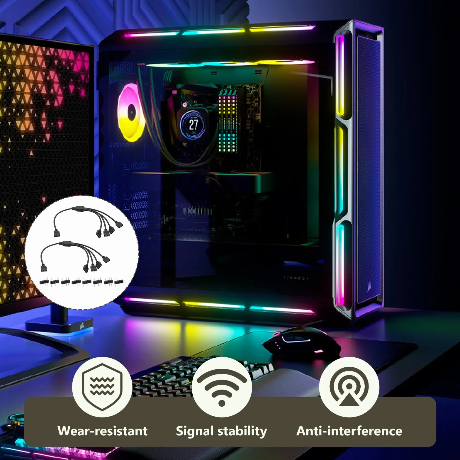 2 Pezzi Splitter ARGB 5V 3Pin 1 a 4, Cavo Connettore per Strisce LED RGB e Ventole, 30 cm con Connettori Maschi Indirizzabili, Estendi e Collega Dispositivi ARGB a Scheda Madre con Intestazione 3 Pin