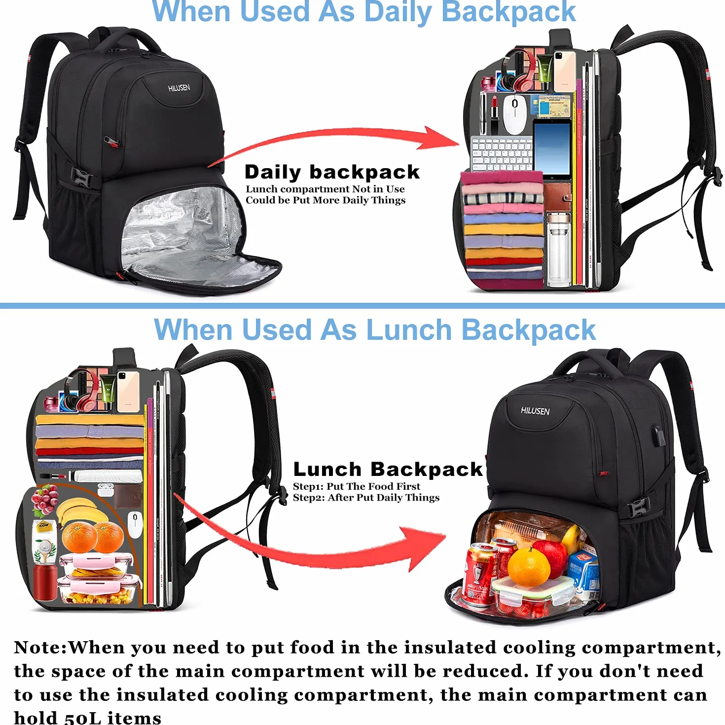 HILUSEN Zaino Uomo Grande 50L, Porta PC 17.3 Pollici Lavoro Impermeabile Pranzo Zaino con Caricatore USB, Laptop Computer Notebook Zaini per PC Portatili Viaggio Ufficio Scuola Università-Nero