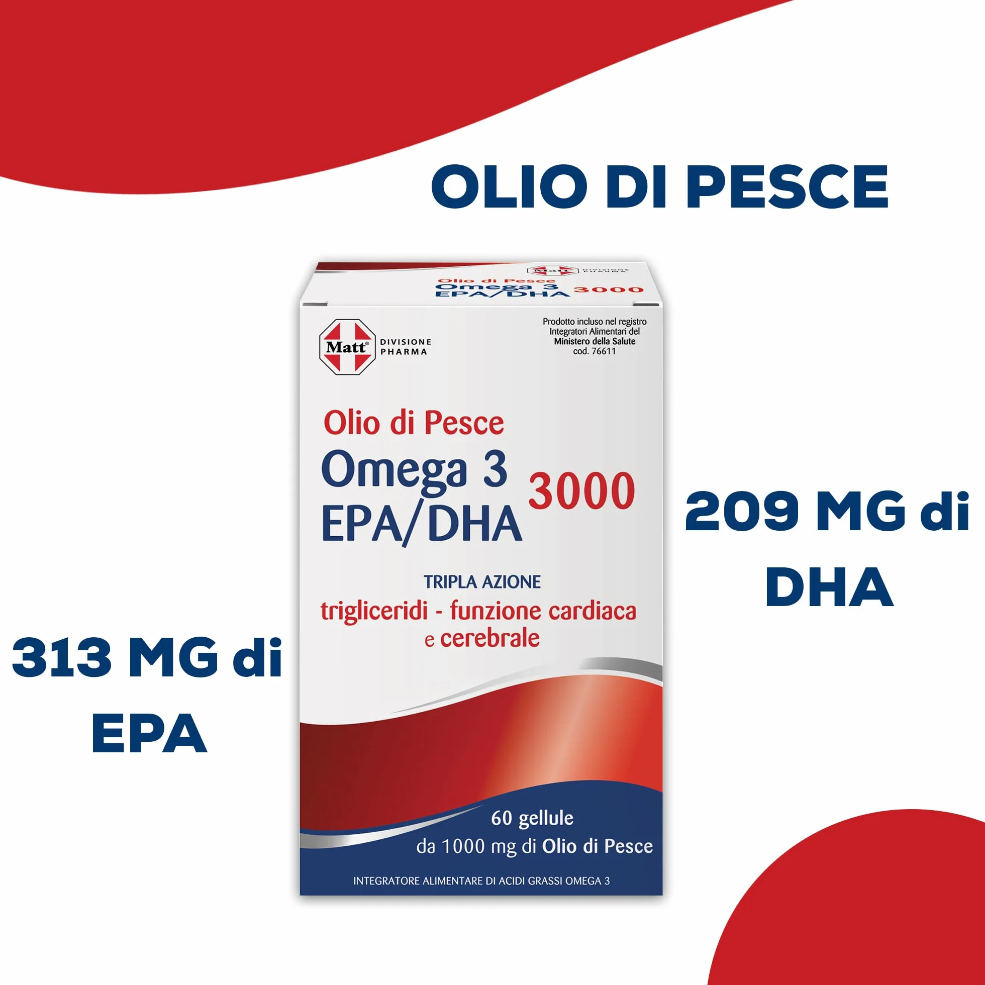 Olio di Pesce Omega 3 EPA/DHA 3000 Integratore Alimentare per Funzione Cardiaca e Celebrale 60 Capsule