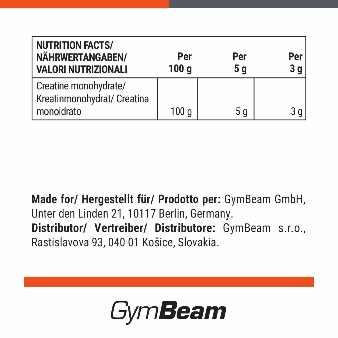 GymBeam Creatina Monoidrata 100% Polvere Altamente Solubile 500 g Non aromatizzato