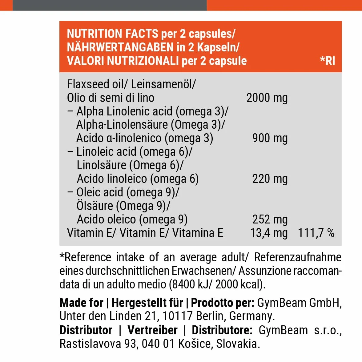GymBeam Olio di Semi di Lino 2000 mg Capsule Omega 3 6 9 Vitamina E Flaxseed Oil