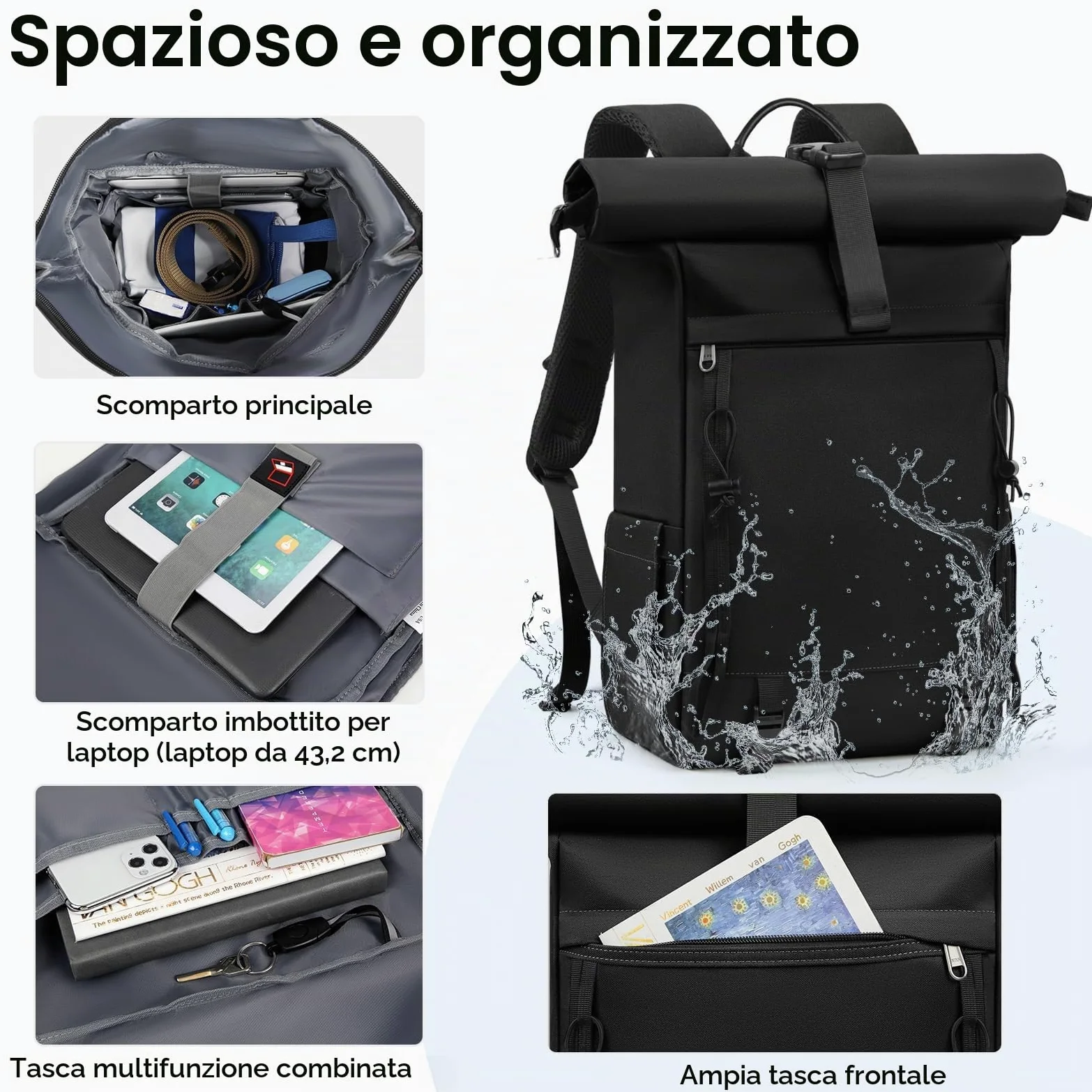 RAINSMORE Zaino Uomo Donna Porta PC 17 Pollici Impermeabile Zaino Viaggio | Zaino Trekking con Foro USB per Lavoro Alpinismo Trekking Campeggio Nero