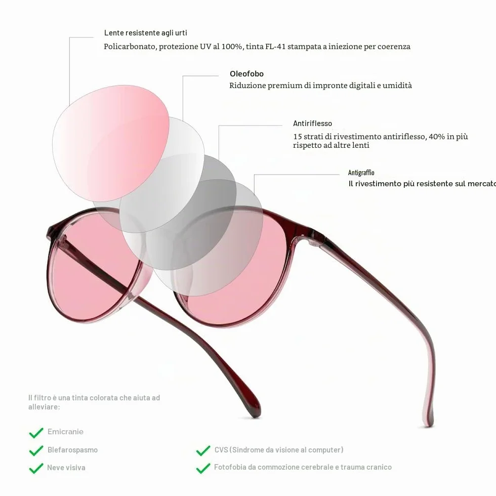 BRADDELL OPTICS Occhiali anti-luce blu FL-41 rosa FL-60 marroni per fotofobia e computer
