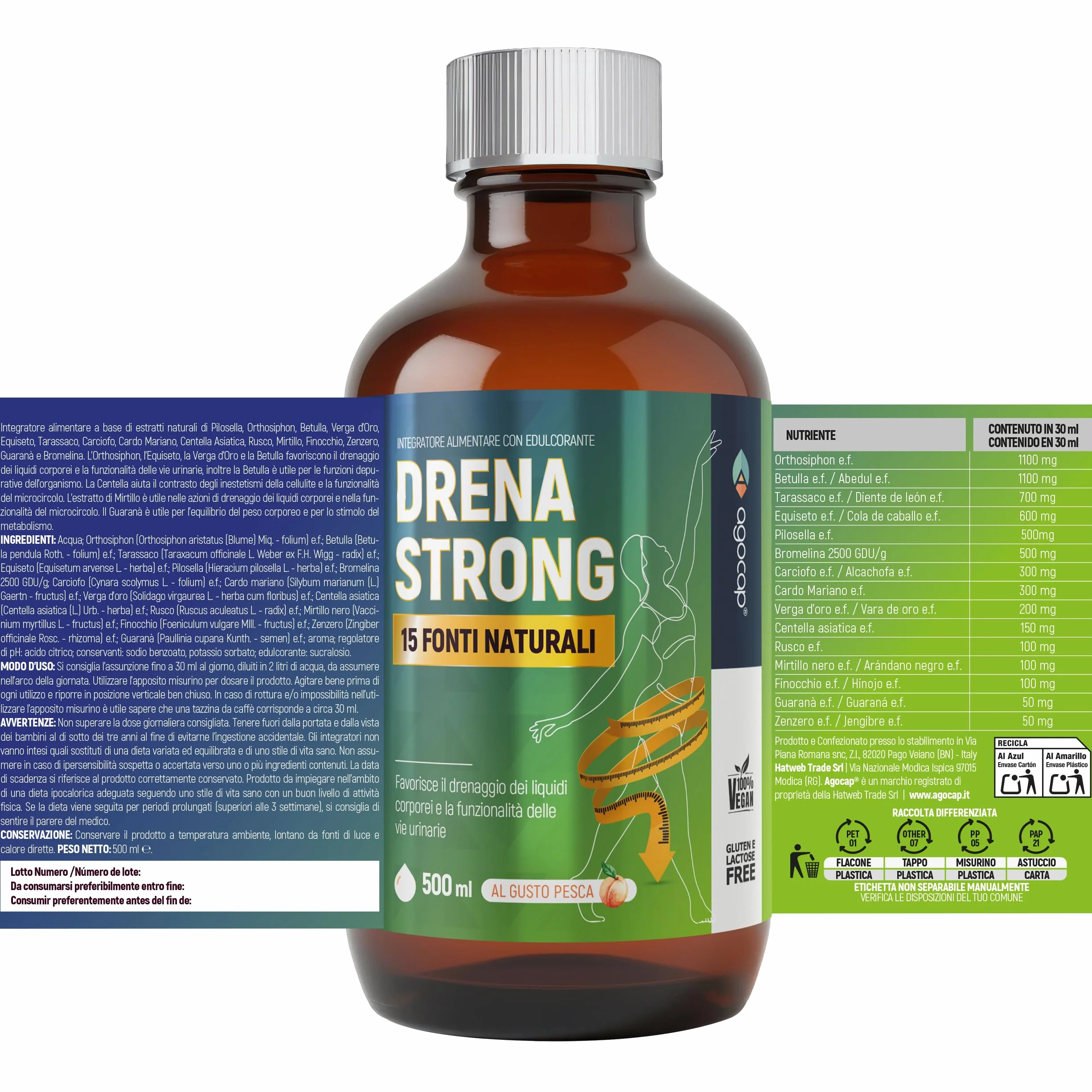 Integratore Alimentare Liquido Pilosella Tarassaco Bromelina Centella Asiatica 15 Estratti Naturali 500 ml Gusto Pesca