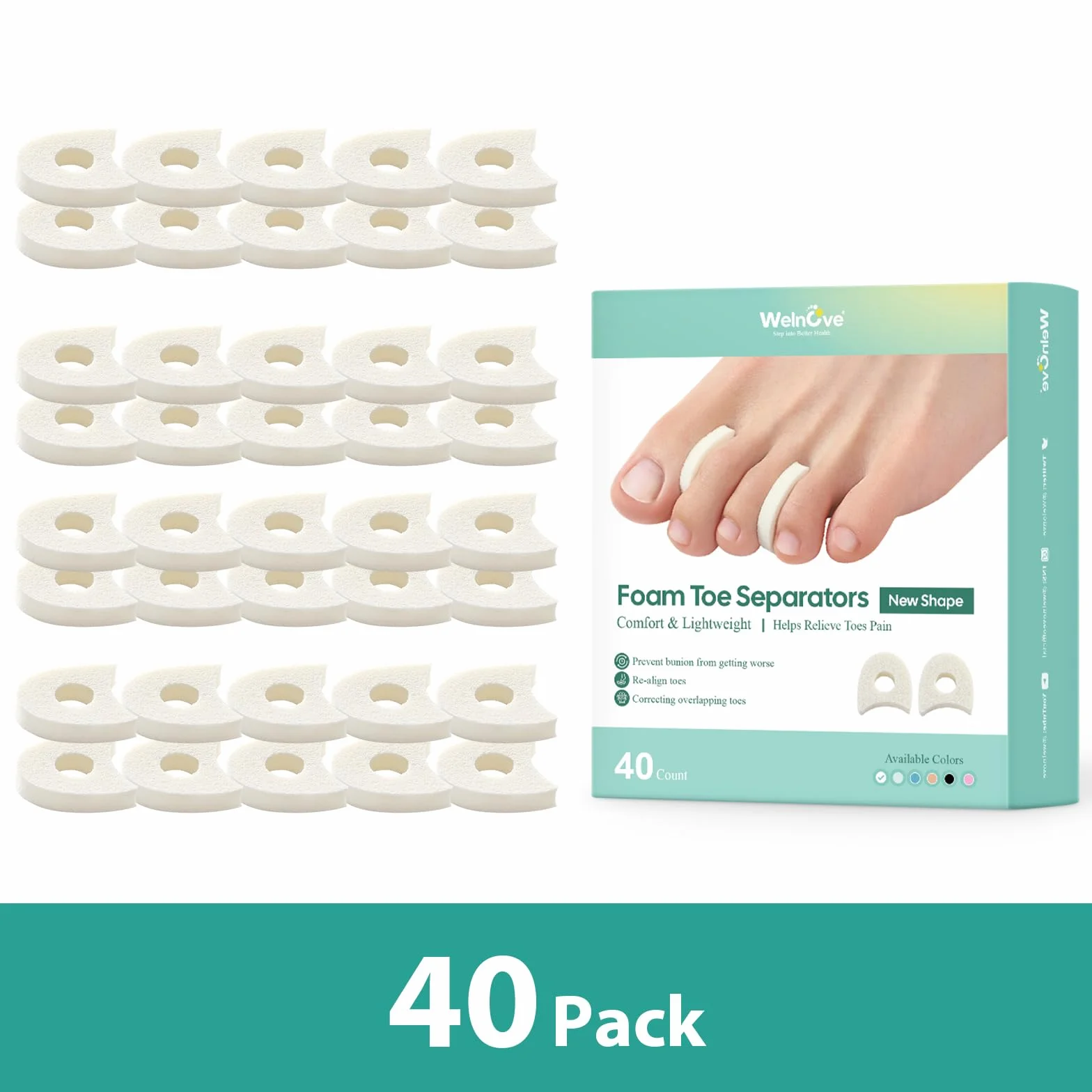 40 Pezzi Separatore Dita Piede - Divaricatori per Calli, Vesciche, Dita a Martello, Traspiranti e Adesivi per Alluce Valgo (1/4 Inch)
