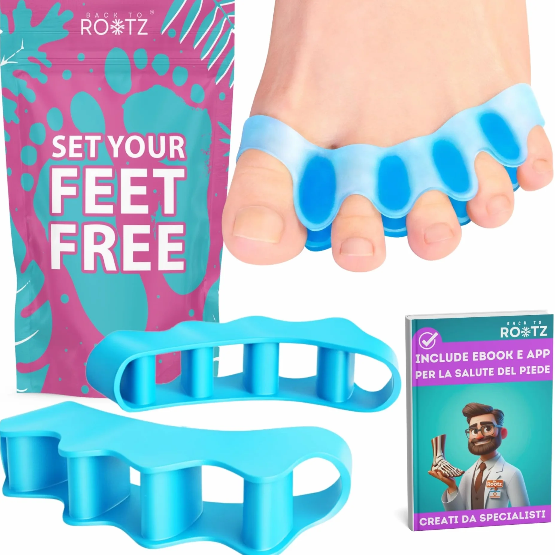 Separatore Dita Piede Correttore Alluce Valgo Morbido Silicone 1 Paio Blu