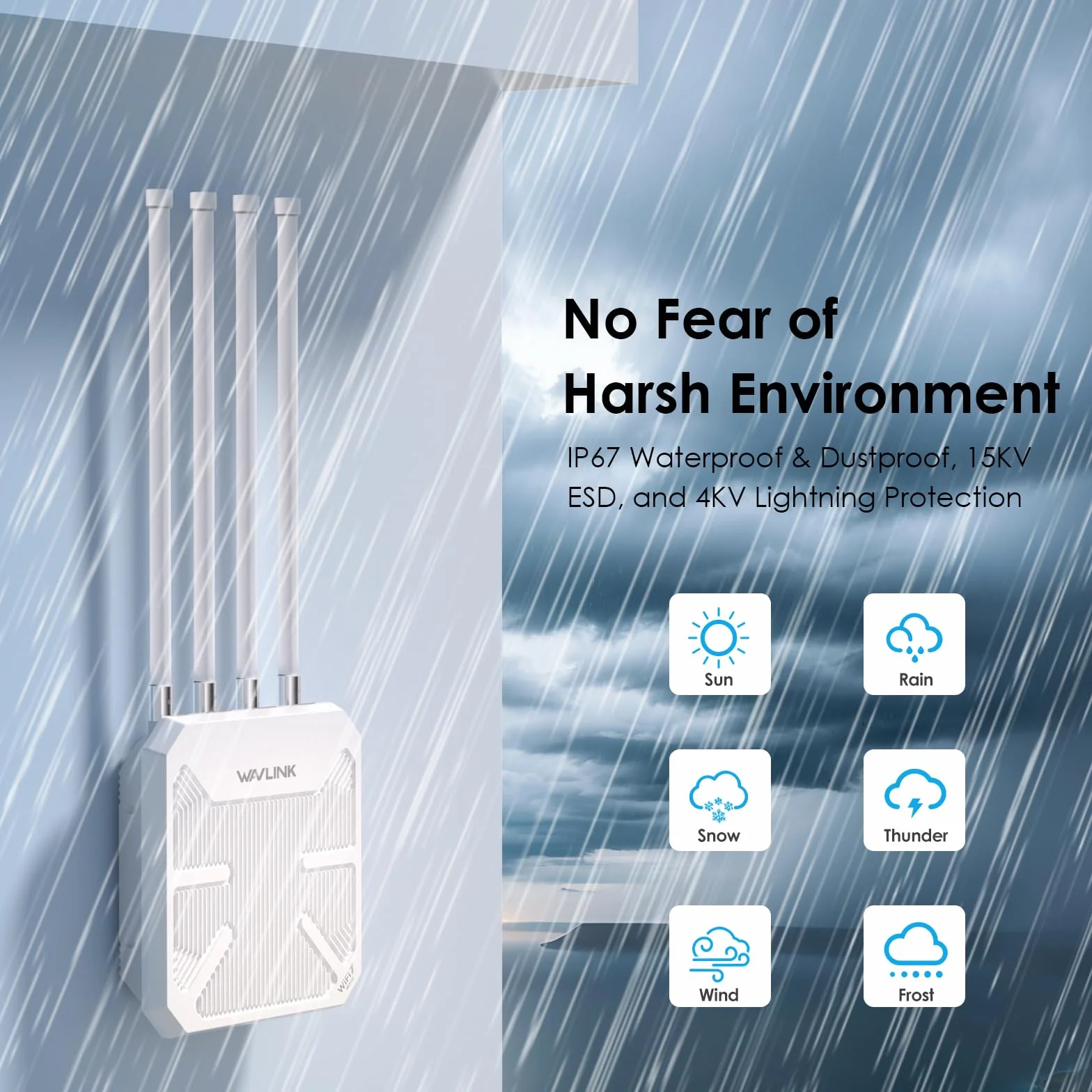 Router WiFi 7 WAVLINK Esterno BE5100 Mesh, Ripetitore, Punto di Accesso, IP67 Impermeabile, ESD 15KV, Protezione Fulmini 4KV, PoE Attivo/Passivo, Antenne 8dBi, Lunga Portata per Aree Rurali e Imprese