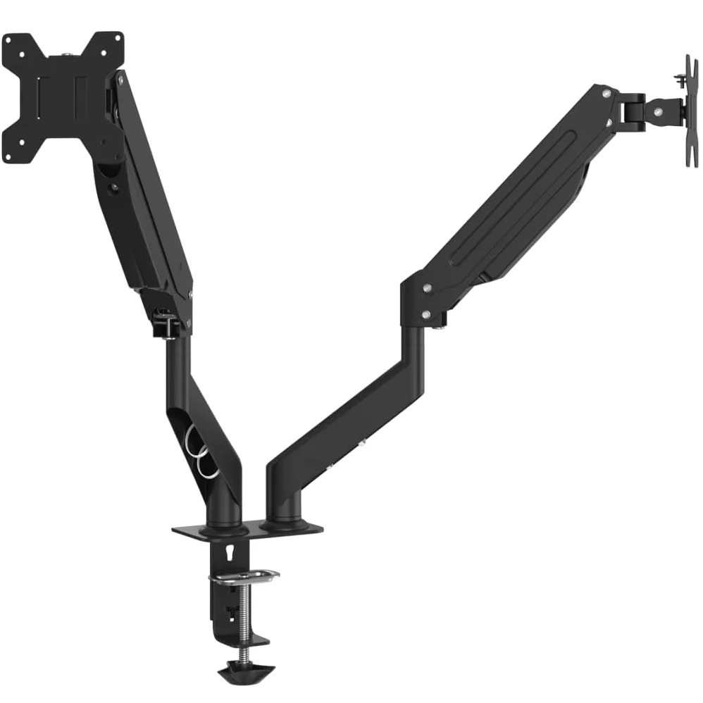 Doppio braccio monitor per max 27 pollici molla a gas 20 kg | VESA 75 x 75, 100 x 100, acciaio, morsetto a C, passacavi, rotazione a 360 gradi
