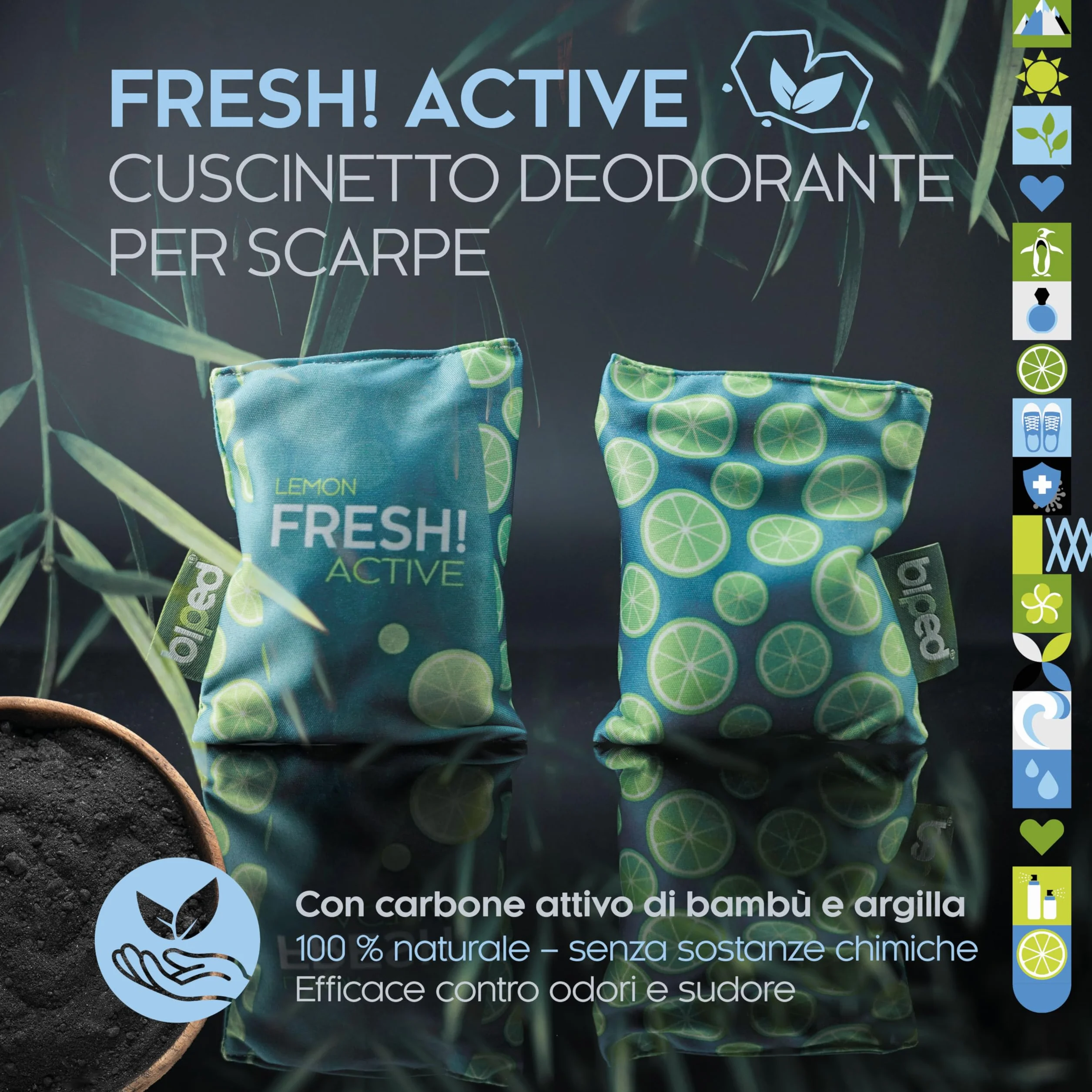 biped FRESH! ACTIVE Deodorante per scarpe con carbone attivo di bambù cuscino profumato o versione PURE senza oli contro sudore e cattivi odori effetto asciugante (LEMON)