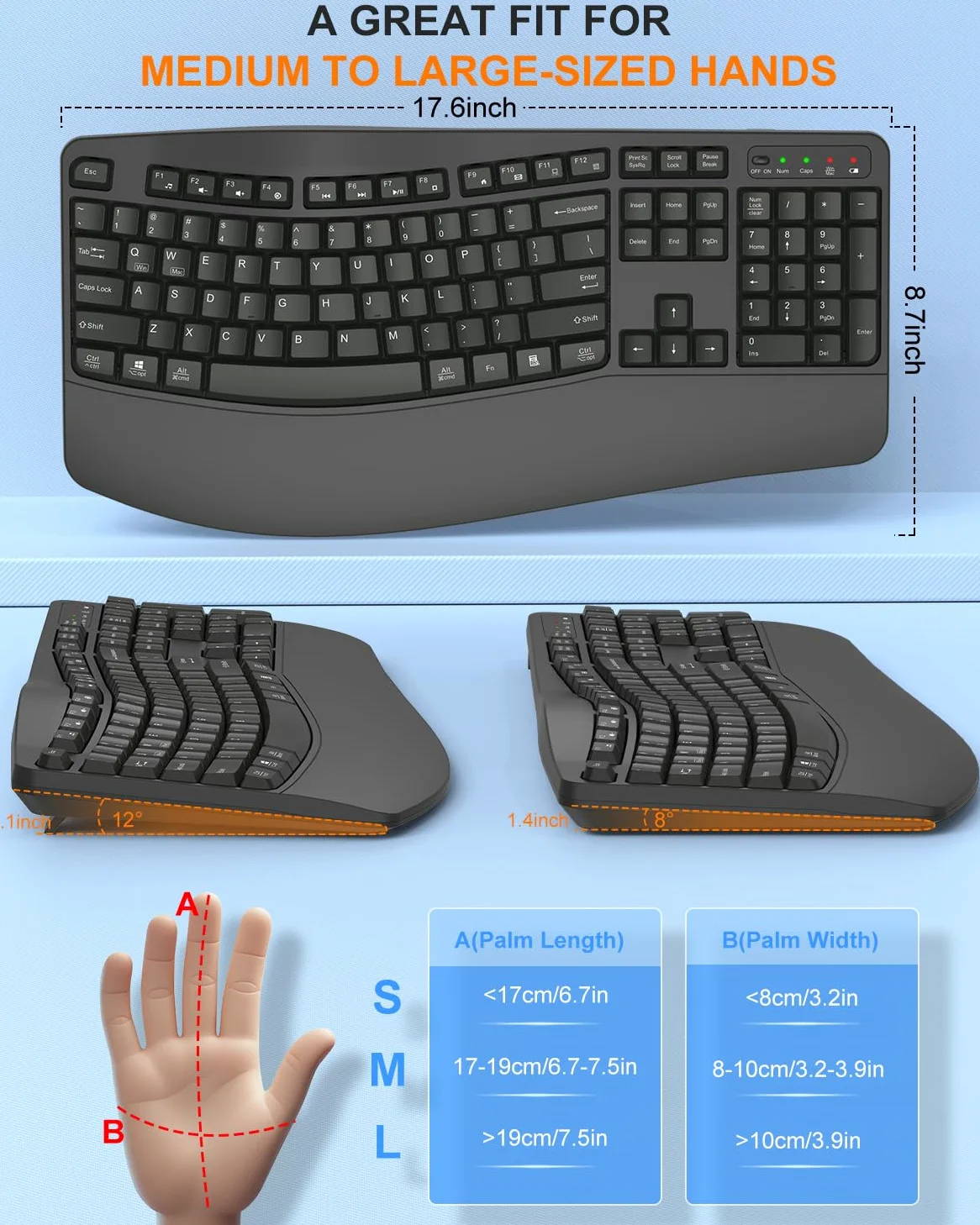 EDJO Tastiera ergonomica senza fili con poggiapolsi, tasti Wave, per mani grandi, 2,4 GHz, tastiera per computer Ergo cordless USB, comoda digitazione naturale, per laptop, Mac, Windows (grigio)