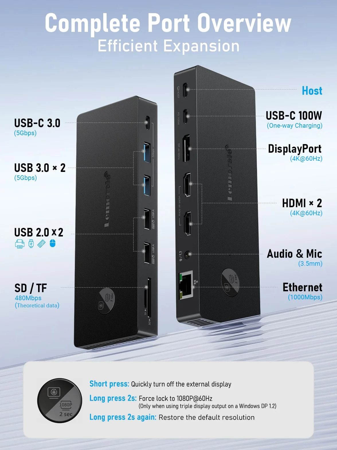 Lemorele Docking Station USB C Doppio Monitor, Docking Station USB-C Triplo Display, 13 in 1 con 2 * HDMI 4K, DP/DisplayPort, 4 * USB, USB-C 3.0, PD 100 W, SD/TF, Audio/Mic per Dell, HP, Lenovo, ecc