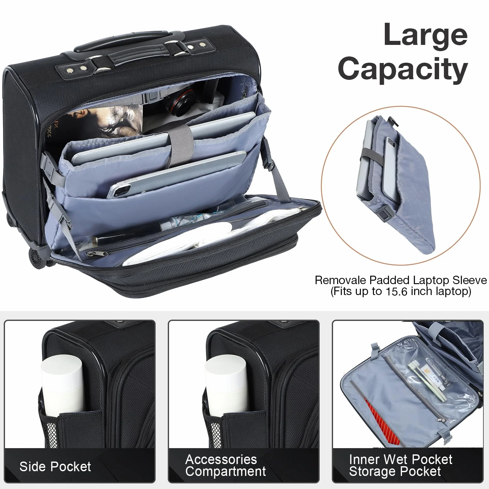Borsa Trolley Porta PC con lucchetto TSA 4 Ruote per Laptop 15,6 Pollici Impermeabile Valigia per Viaggi - Nero