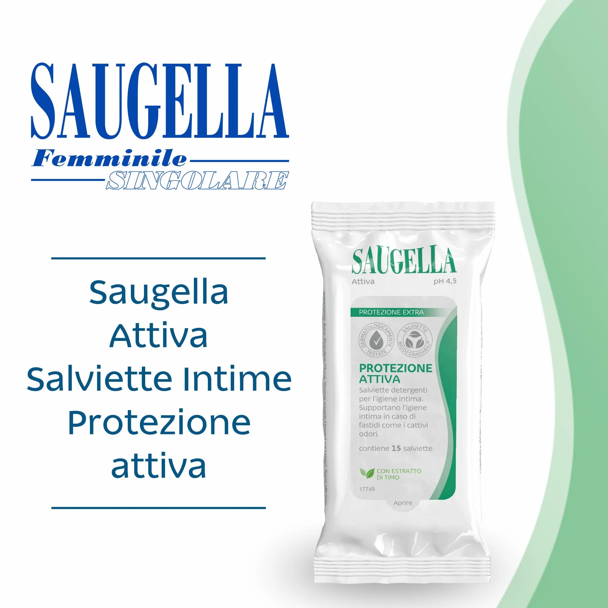 Saugella Attiva Salviettine Intime Antibatteriche pH 3.5 con Timo 15 Salviette Monouso