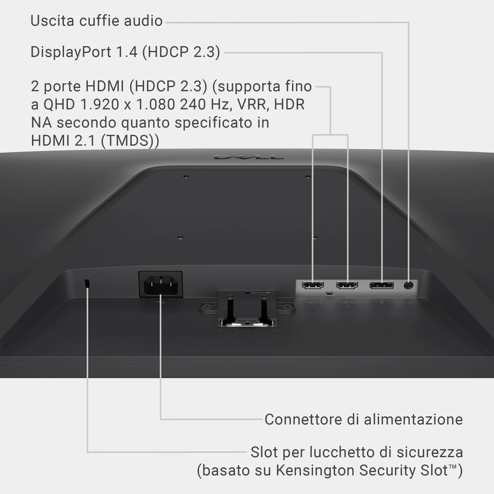 Dell 24 Monitor Gaming - SE2426HG, Full HD (1920x1080), 240Hz, Fast IPS, 0.5ms, AMD FreeSync Premium, 99% sRGB, HDR10, VESA (100x100mm), DisplayPort, 2 HDMI, 3 Anni di Garanzia, Nero