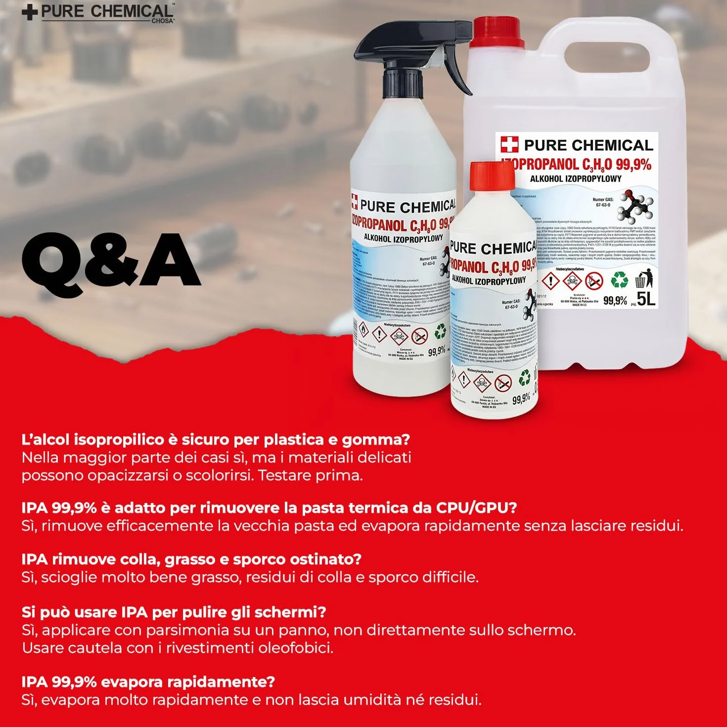 CHOSA Alcool Isopropilico 99,9% Spray 1 Litro - IPA per Pulizia Elettronica Schermo Monitor Telefono PC