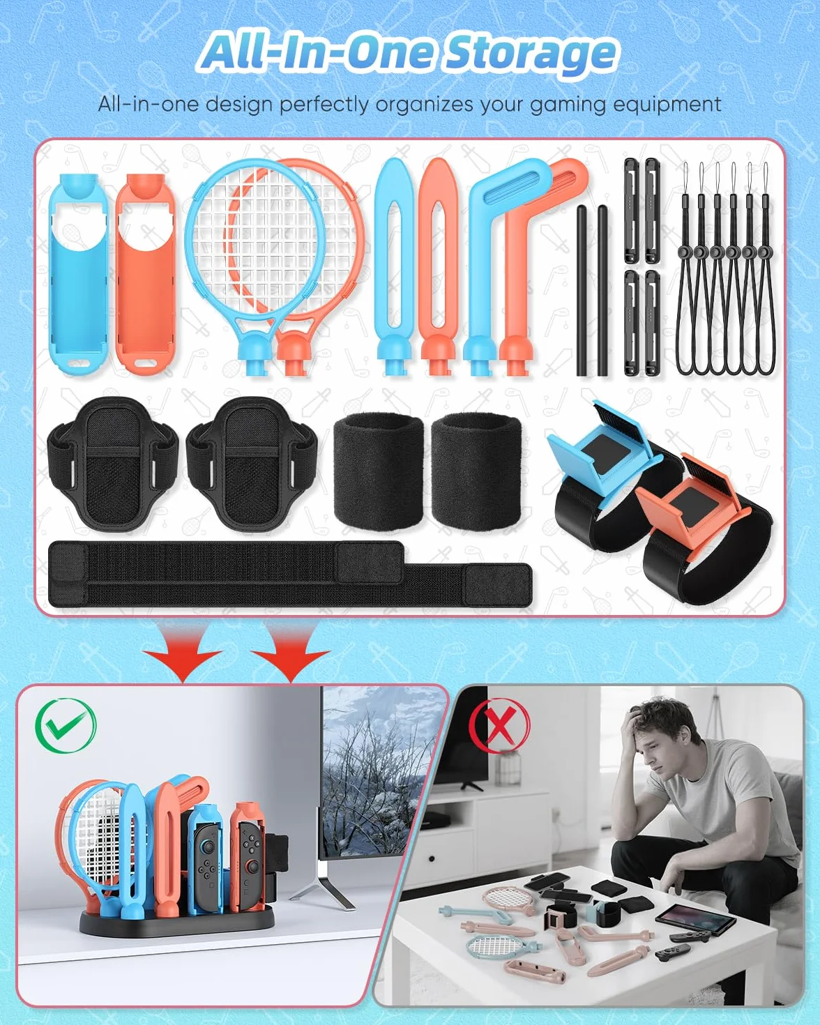 Set di accessori sportivi con stazione organizer per Nintendo Switch 2 (2025)/Switch/OLED, kit sportivo universale per feste in famiglia, Golf/Tennis/Danza/Spada/Calcio per Joycon e supporto
