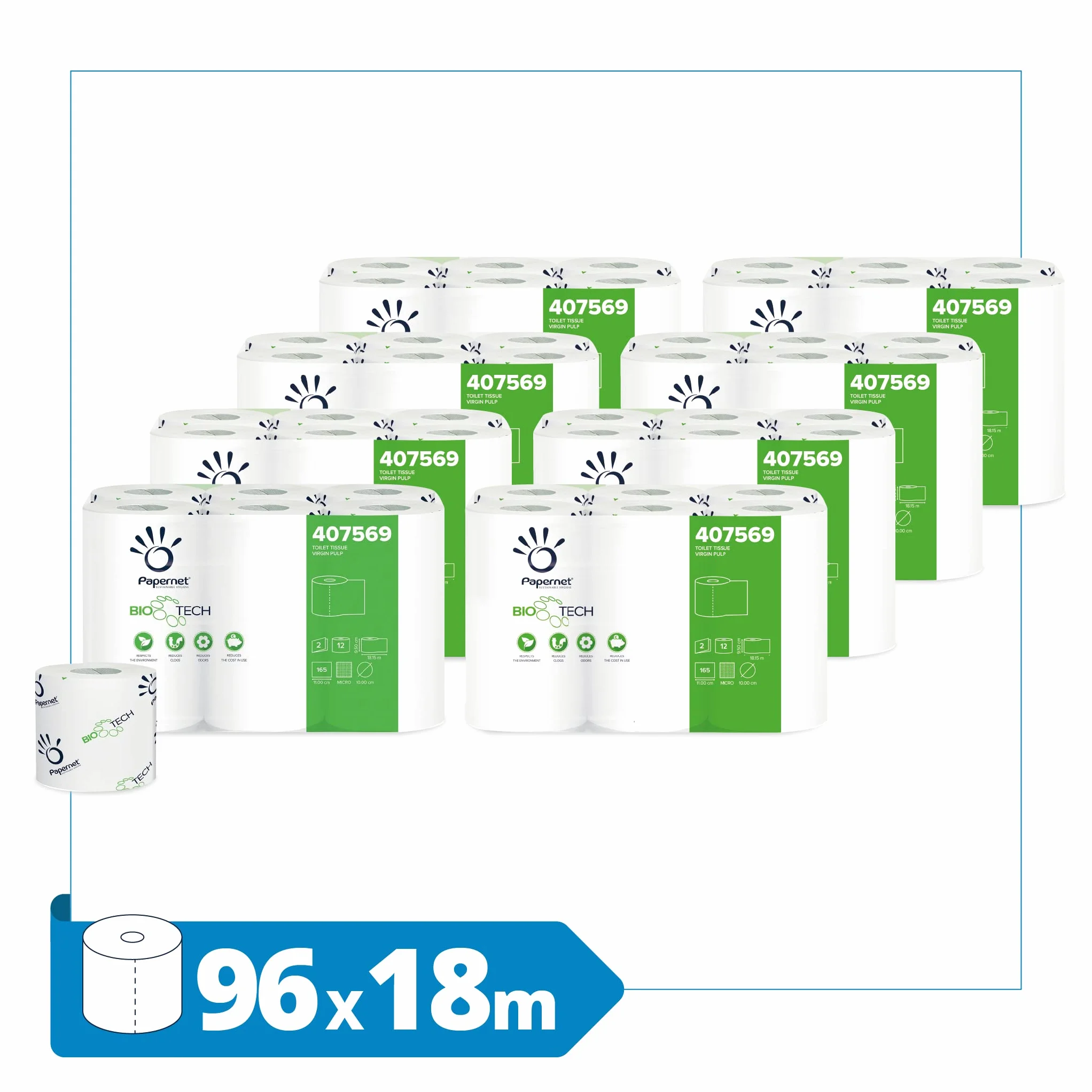 Papernet Bio Tech Carta Igienica 8 Confezioni x 12 Rotoli Pura Cellulosa 2 Veli 18,15m