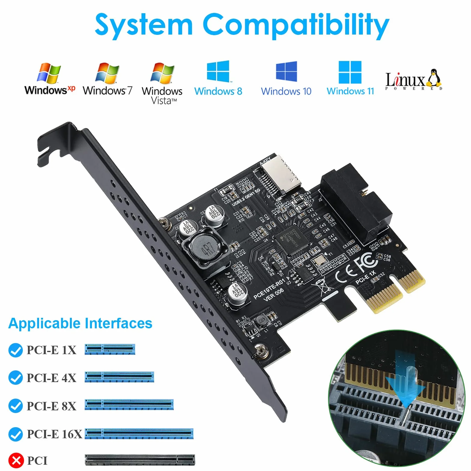 Scheda di espansione per pannello frontale USB 3.2 GEN1 5Gbps Type-E (chiave A) + USB3.0 20pin, compatibile con XP/ WIN7/ WIN8 /VISTA/ WIN10/ WIN11 32BIT/64BIT/ Linux.